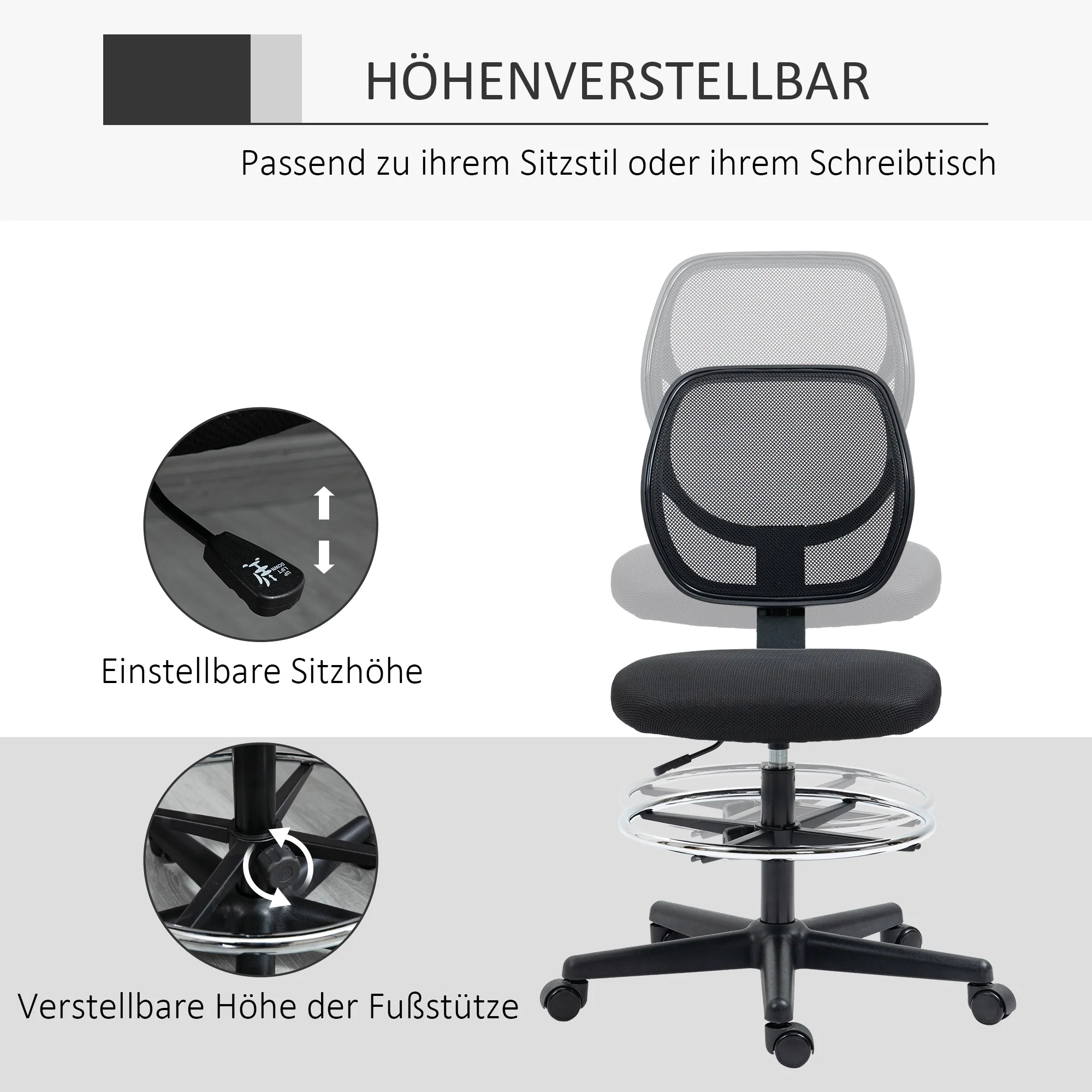 Vinsetto Standing Office Chair, Height-Adjustable Ergonomic Swivel, Black - Image 4