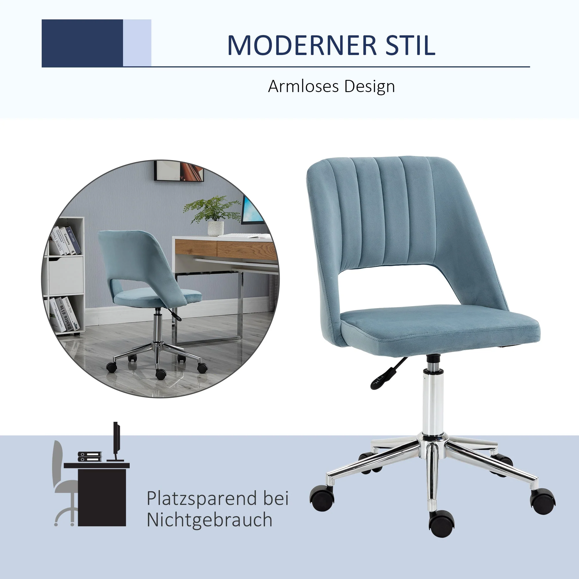 Vinsetto Swivel Chair, Height Adjustable Office, Blue Velvet - Image 5