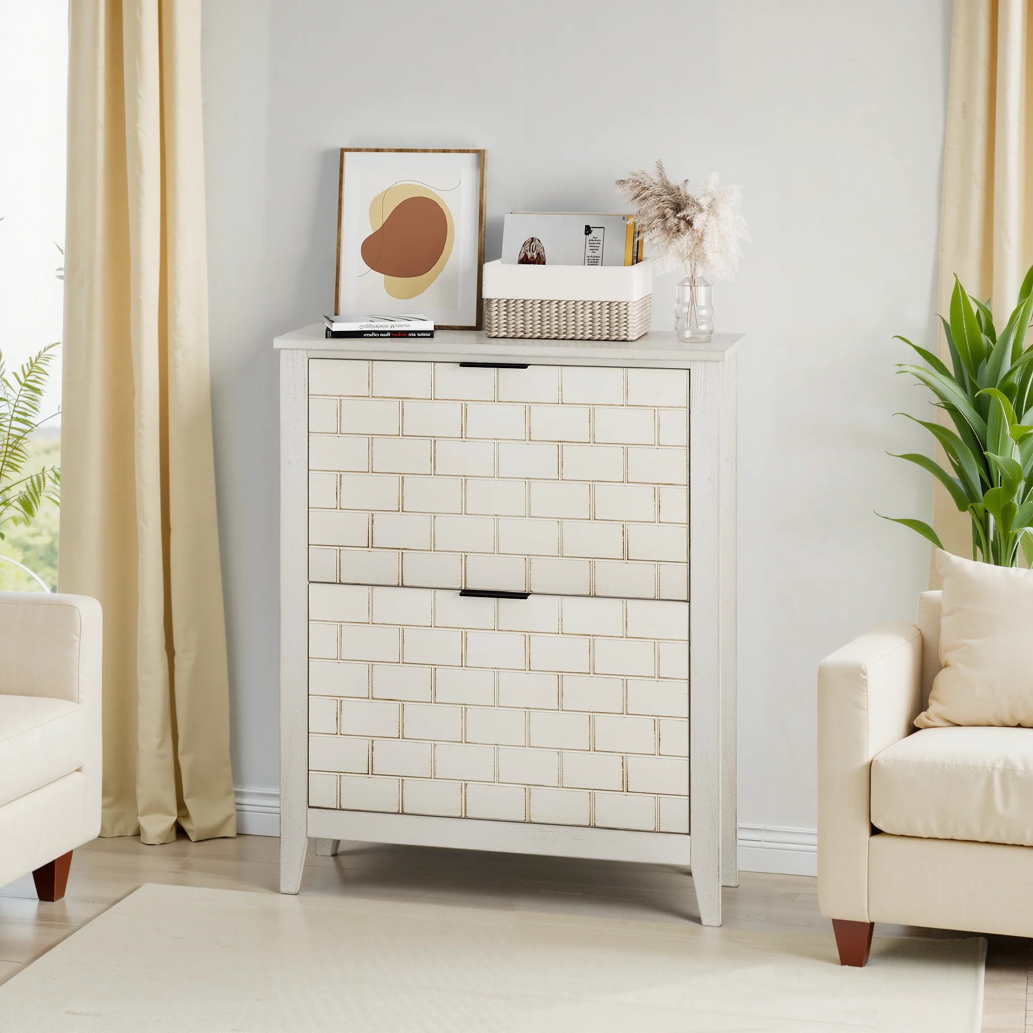 Vintage shoe cabinet, 80 cm, 2 folding drawers, white - Image 3