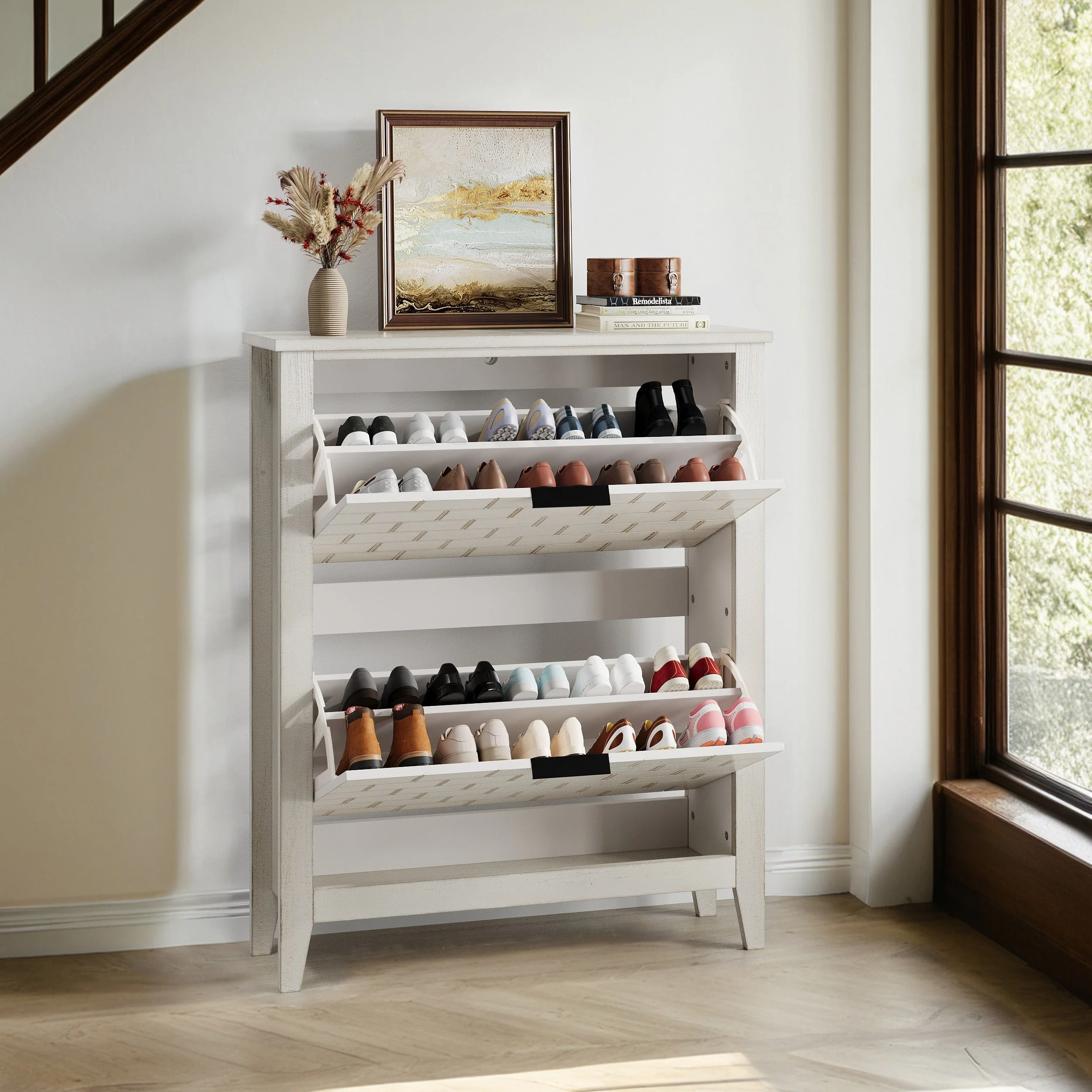 Vintage shoe cabinet, 80 cm, 2 folding drawers, white - Image 4