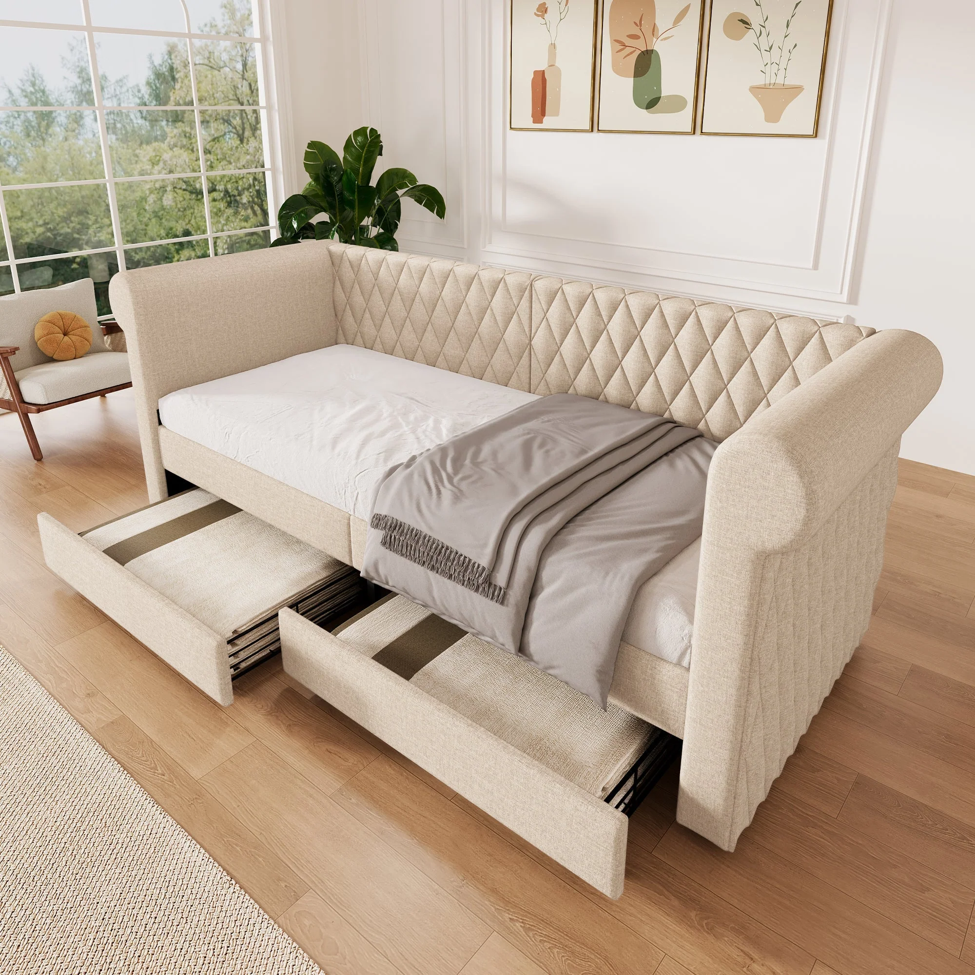 Vintage Upholstered Sofa Bed, 90x200 cm, 2 Storage Drawers, Linen Beige - Image 7