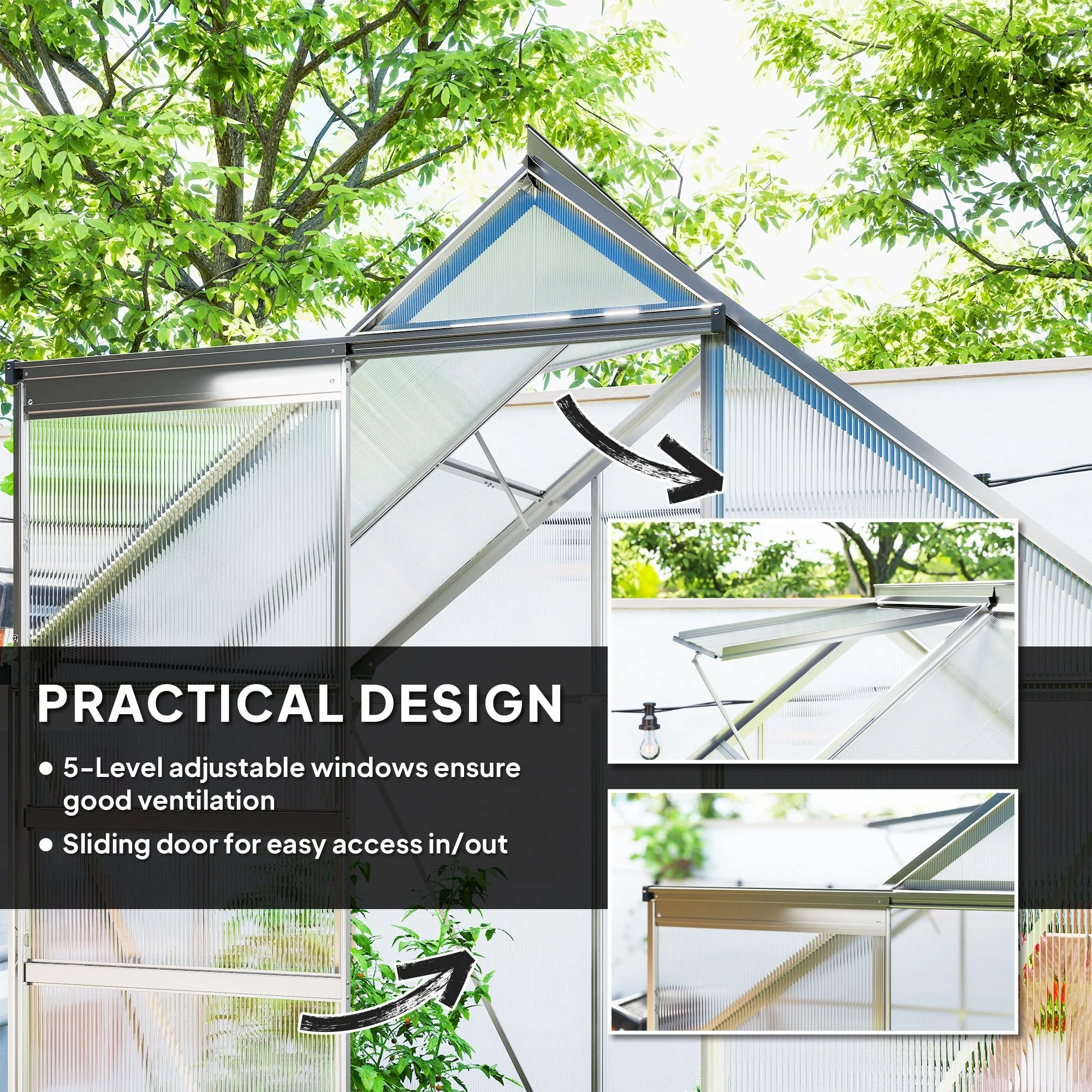 Walk-In Polycarbonate Greenhouse 192.5 x 131cm, Silver-Tone - Image 5