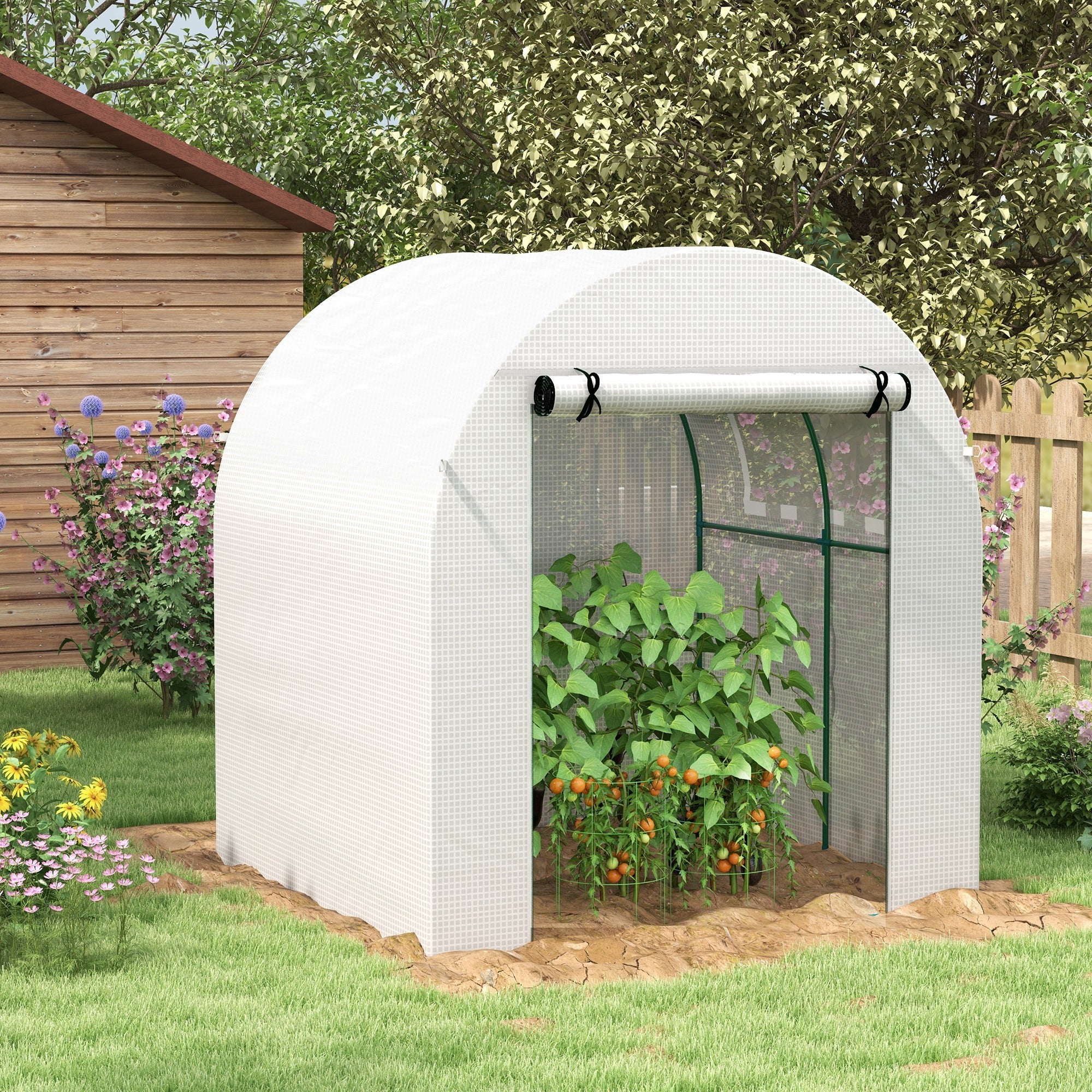 Walk in Polytunnel Greenhouse w/ Roll-up Door & Window, 1.8x1.8x2m, White - Image 7