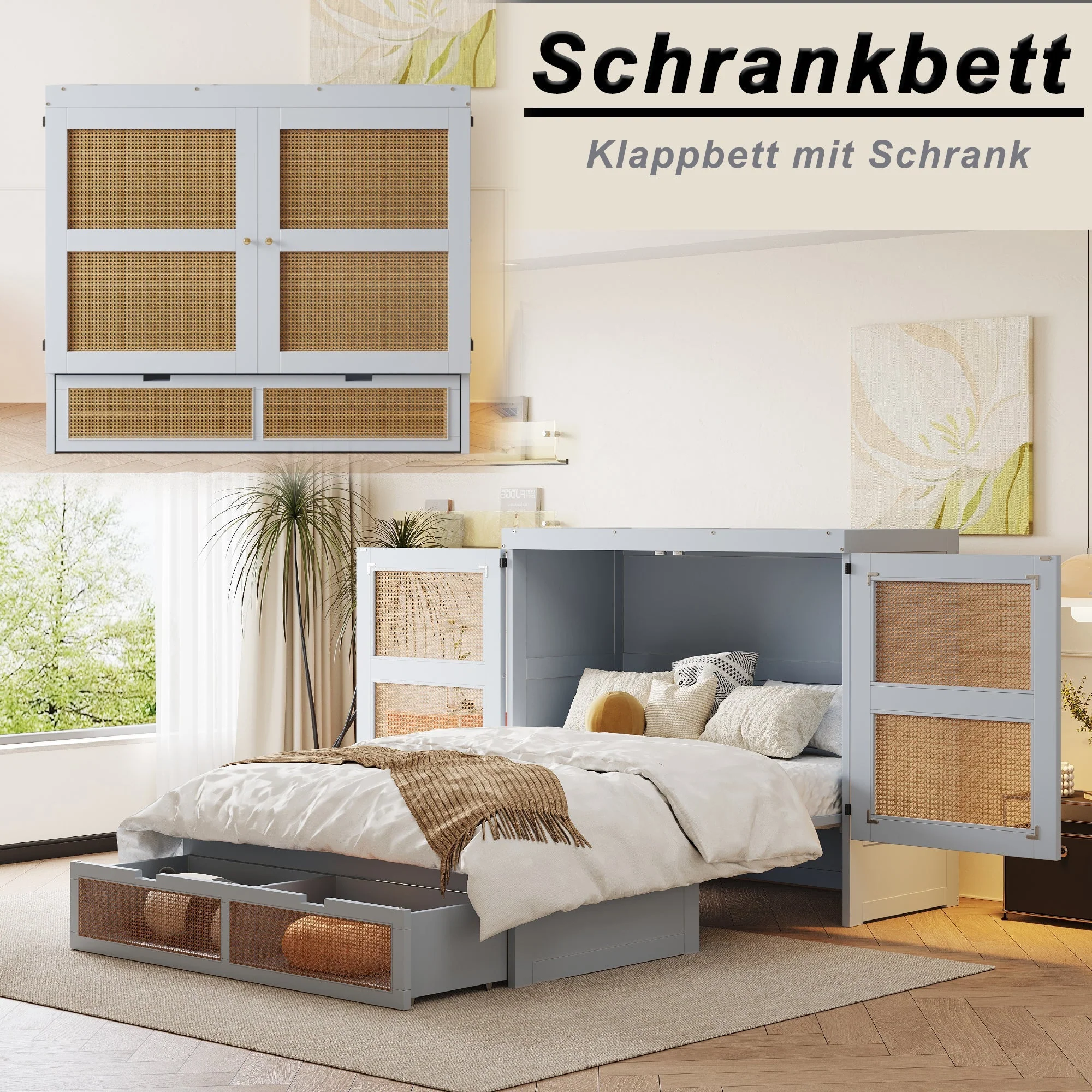 Wall Bed 140x200cm, Slatted Frame, Storage Drawers, Rattan Design, Grey - Image 4