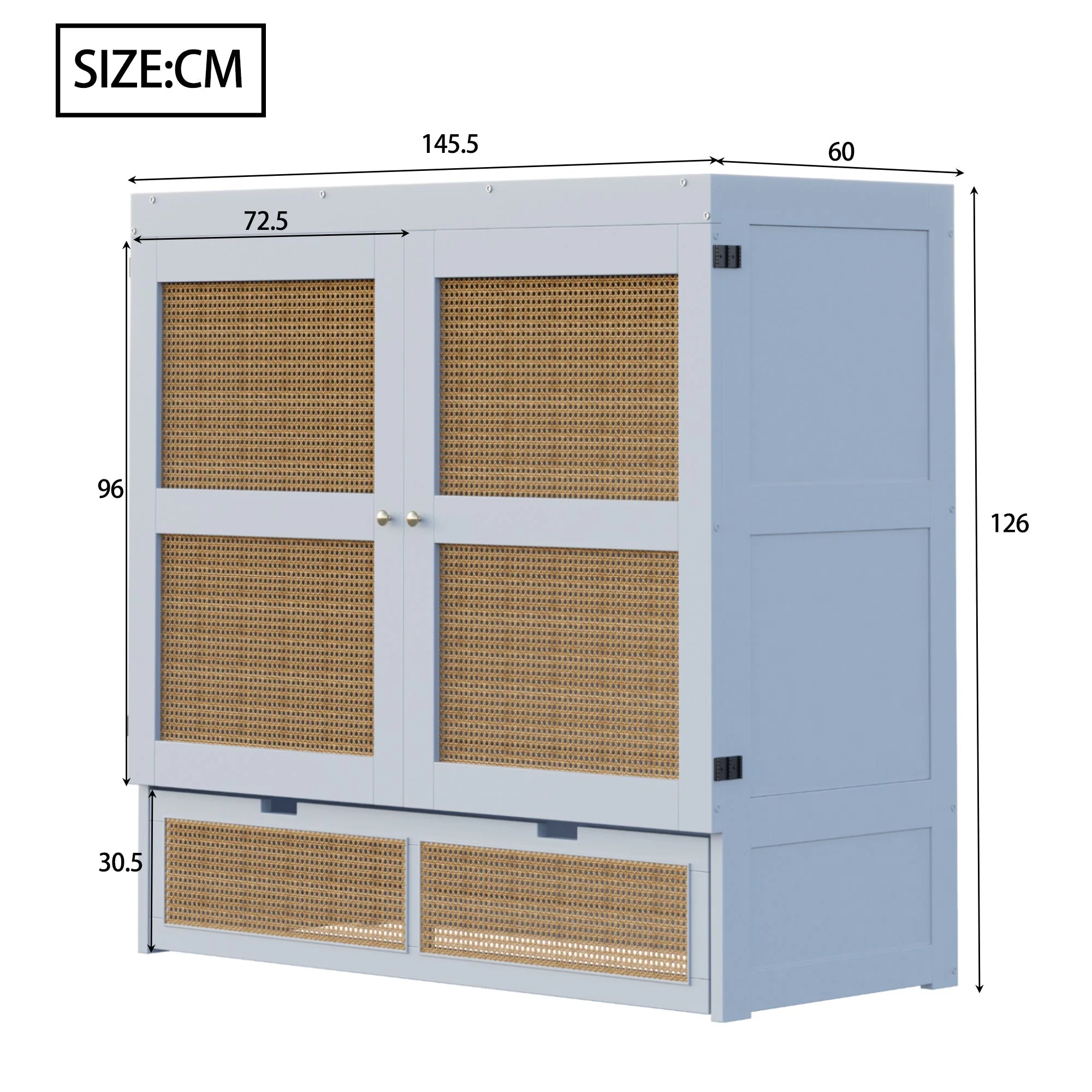 Wall Bed 140x200cm, Slatted Frame, Storage Drawers, Rattan Design, Grey - Image 6