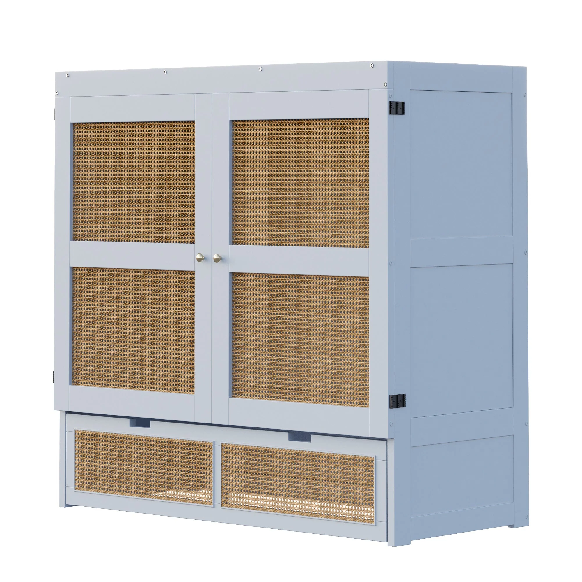 Wall Bed 140x200cm, Slatted Frame, Storage Drawers, Rattan Design, Grey - Image 9