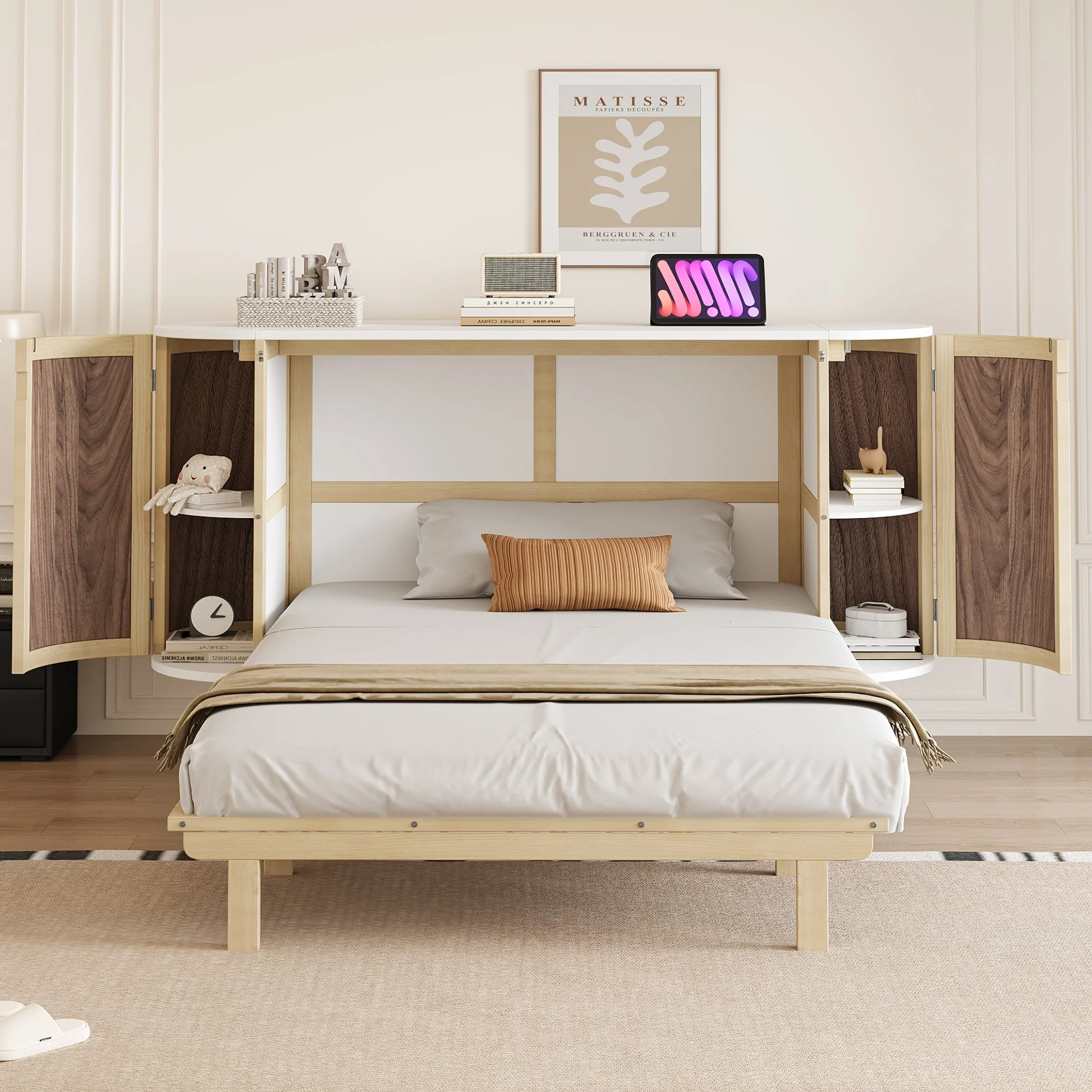 Wall Bed 140x200cm Vertical Folding Rattan Design Storage - Wood Color - Image 2
