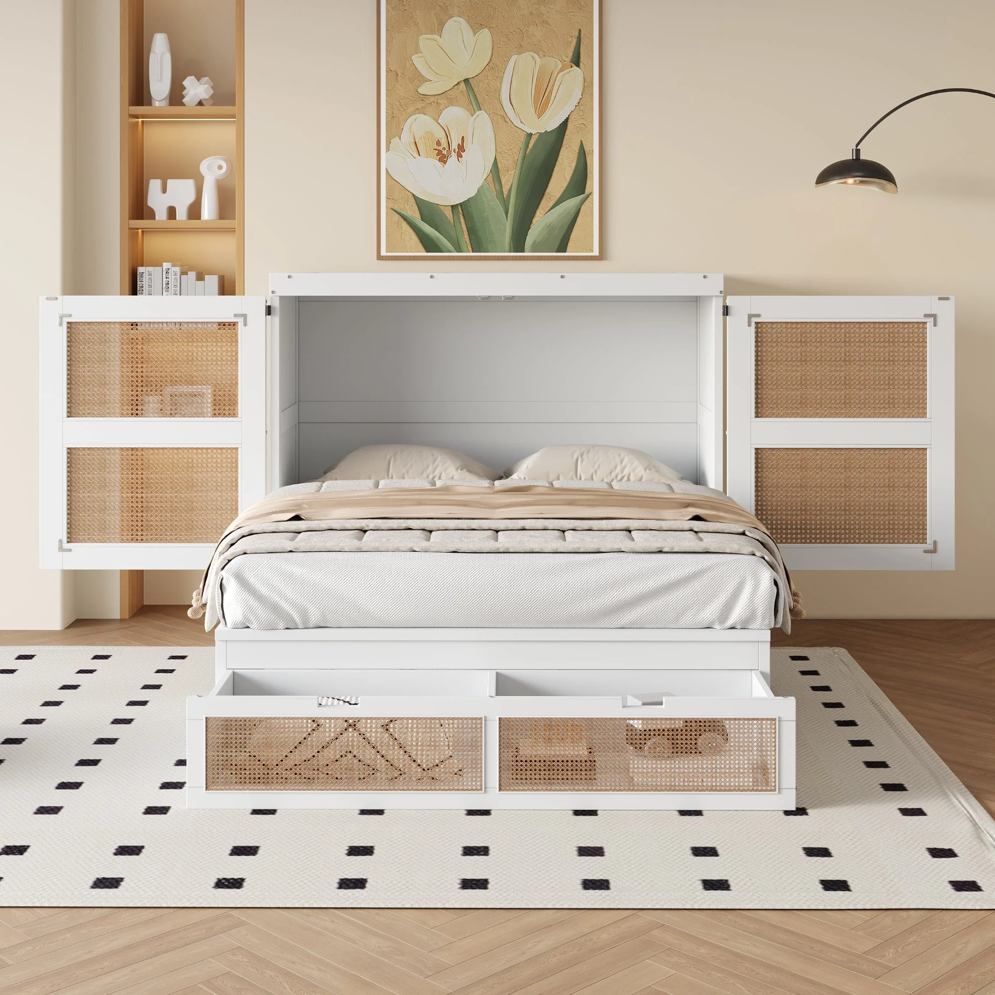 Wall Bed 140x200cm, Vertical with Slatted Frame & Storage Drawers, Rattan Design White - Image 3