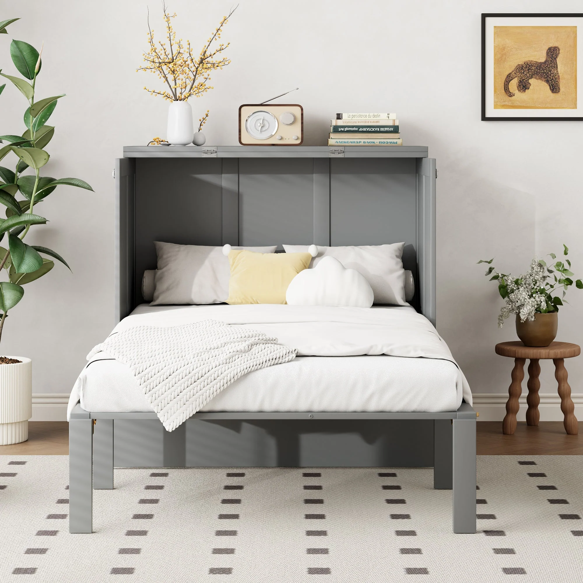 Wall Bed, 90x200 cm, Slatted Frame, Grey - Image 3