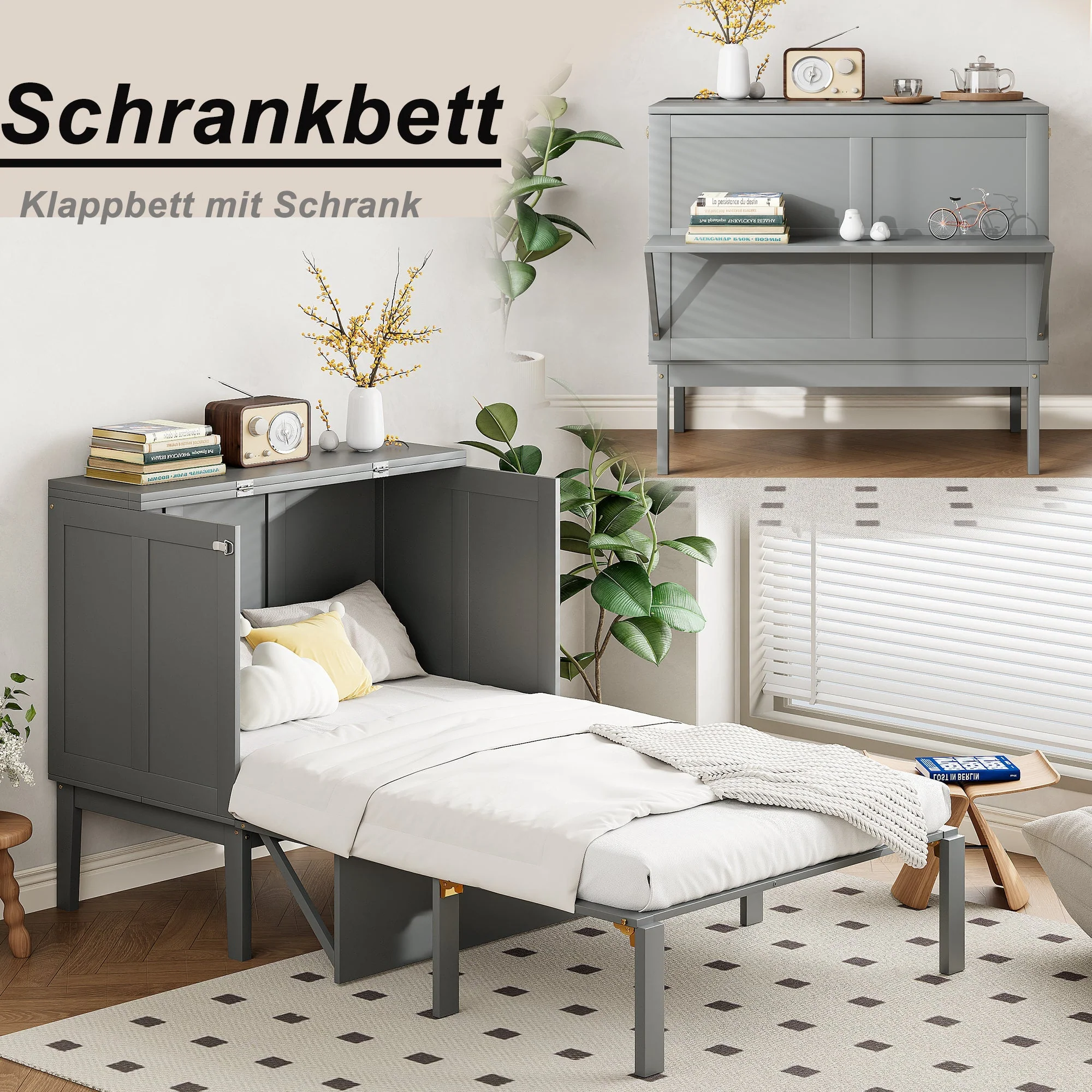 Wall Bed, 90x200 cm, Slatted Frame, Grey - Image 4