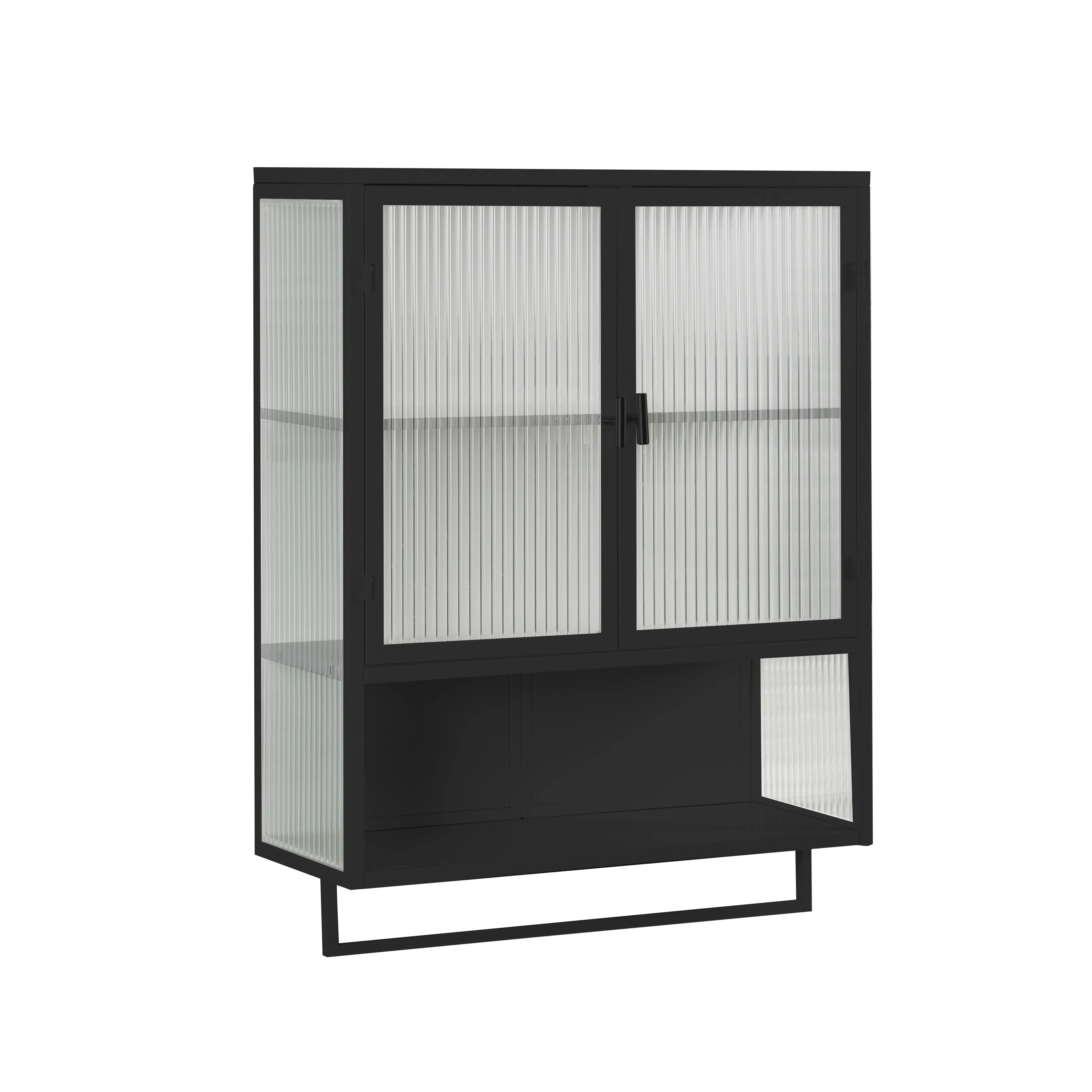 Wall Cabinet 60CM Glass Doors, Two-tier Storage, Open Shelf, Towel Rack, Black - Image 4