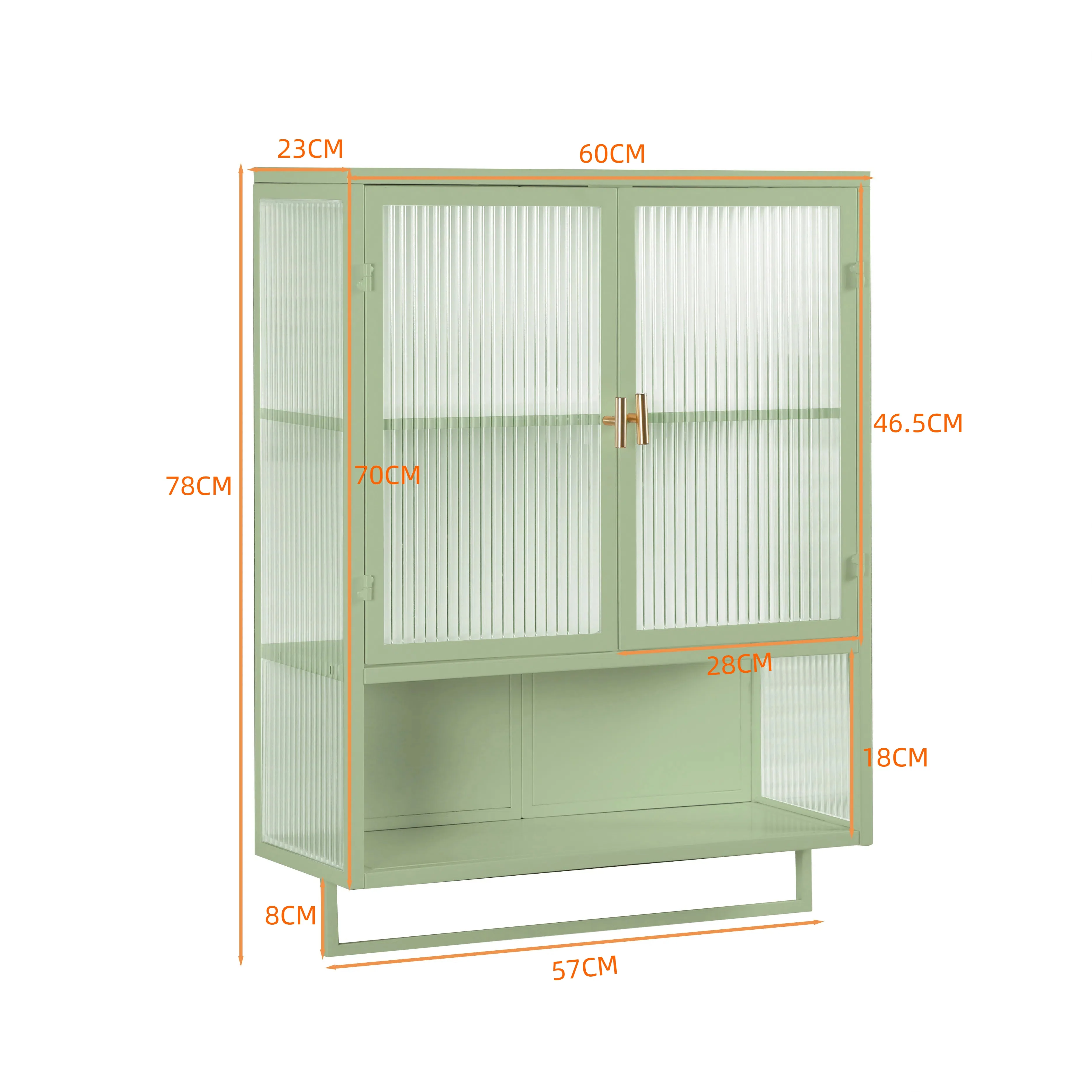 Wall Cabinet 60CM Glass Doors Two-tier Storage with Open Shelf & Towel Rack, Green - Image 3