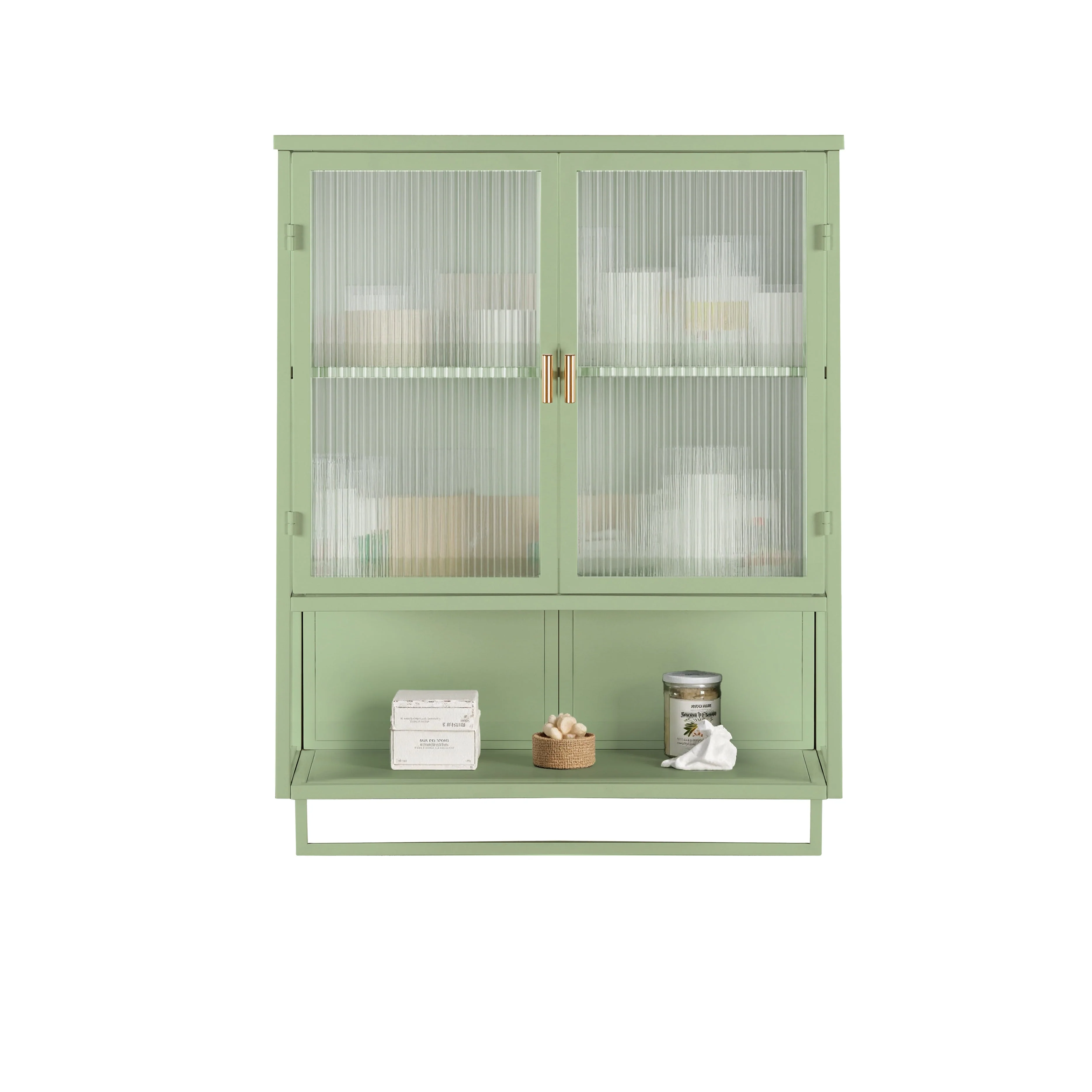Wall Cabinet 60CM Glass Doors Two-tier Storage with Open Shelf & Towel Rack, Green - Image 7