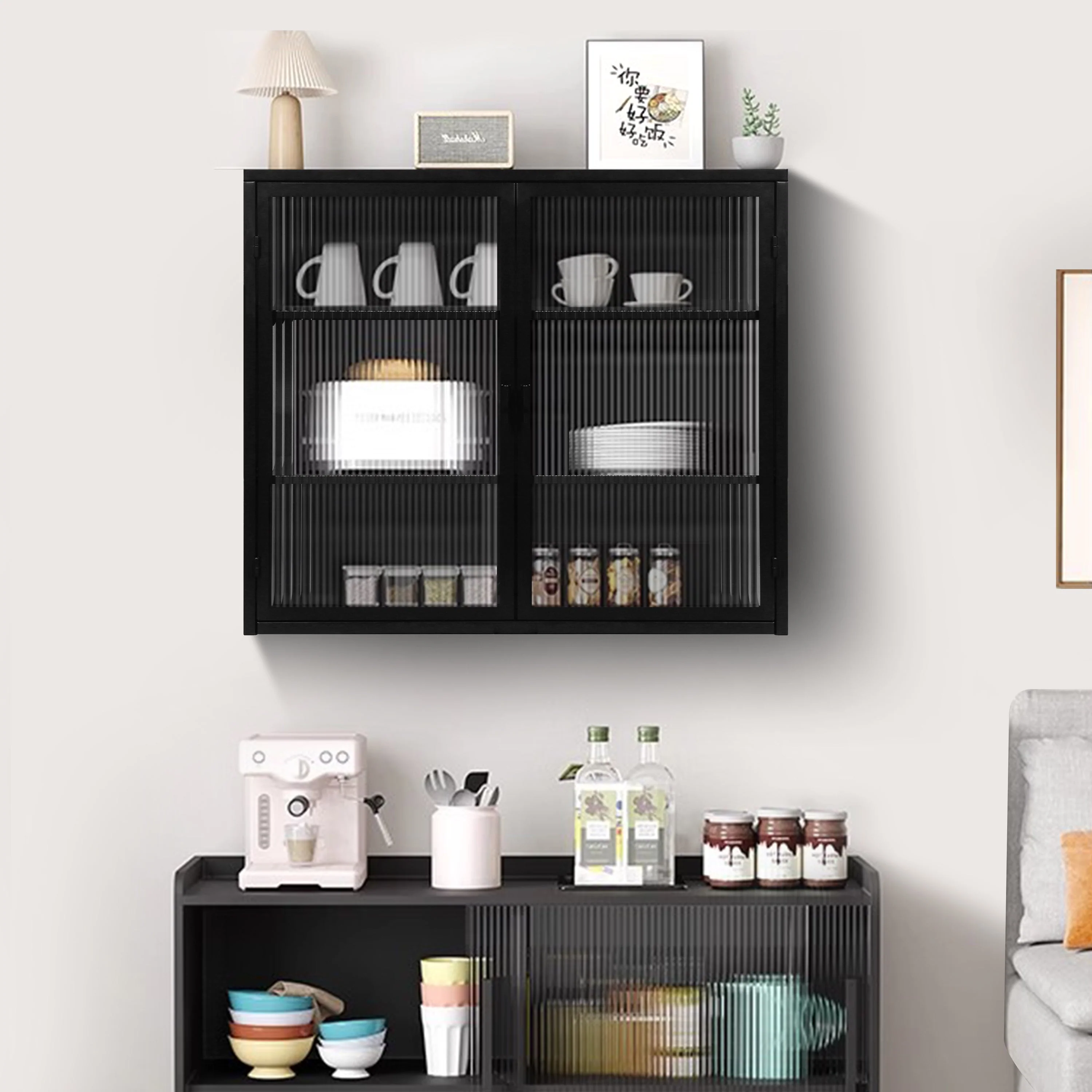 Wall Cabinet 70cm Glass Door Two-Door Three-Tier Storage, Black