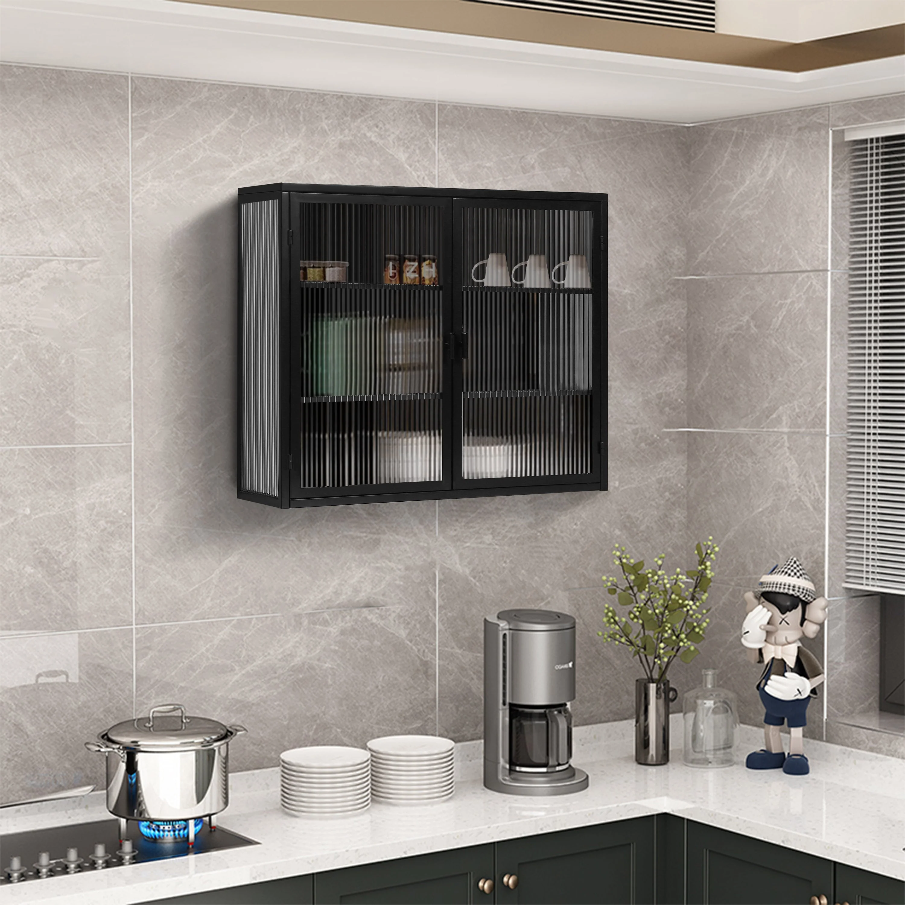 Wall Cabinet 70cm Glass Door Two-Door Three-Tier Storage, Black - Image 6