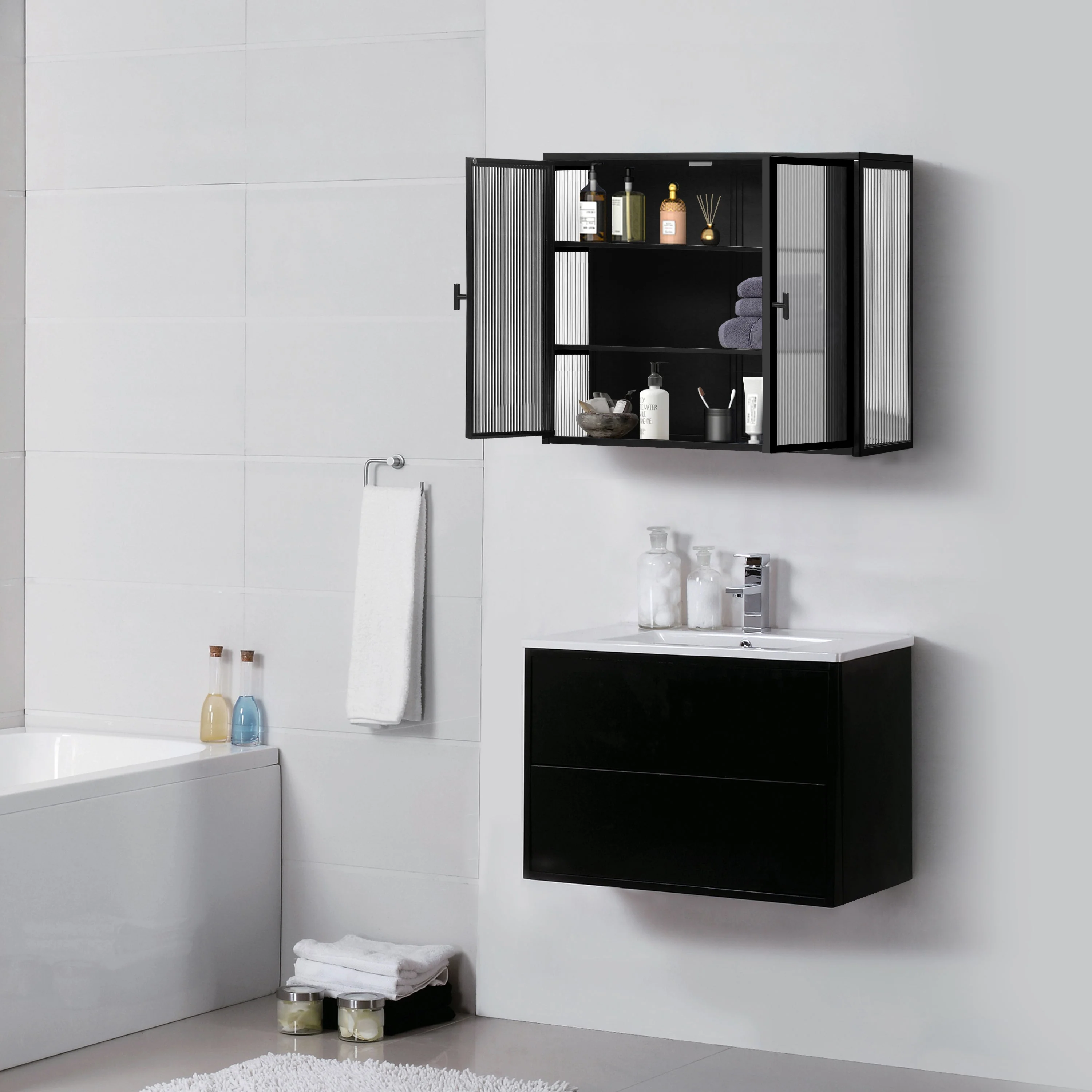 Wall Cabinet 70cm Glass Door Two-Door Three-Tier Storage, Black - Image 7