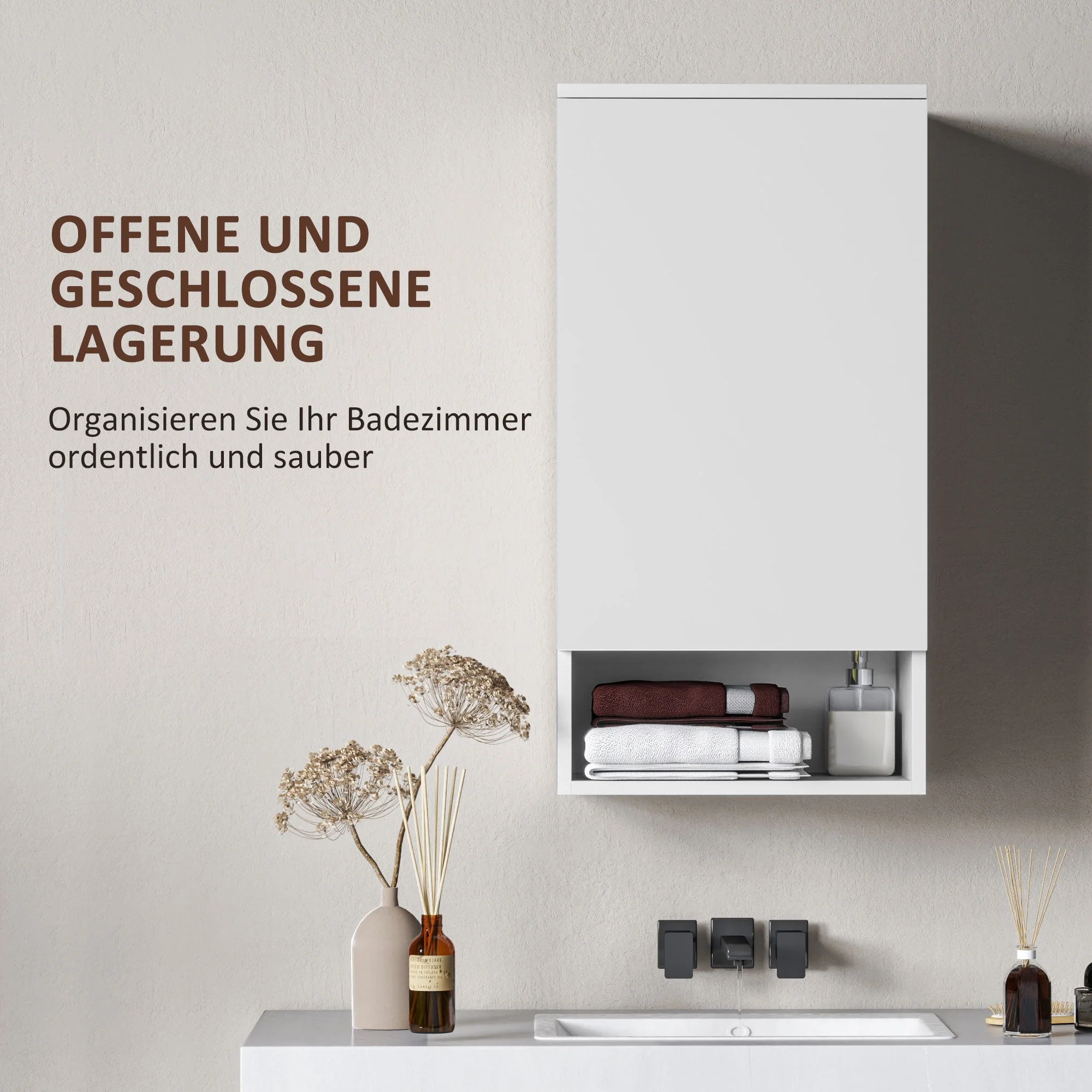 Wall Cabinet with Doors, Adjustable Shelves, Open Compartment, Wall Mounted, White - Image 4