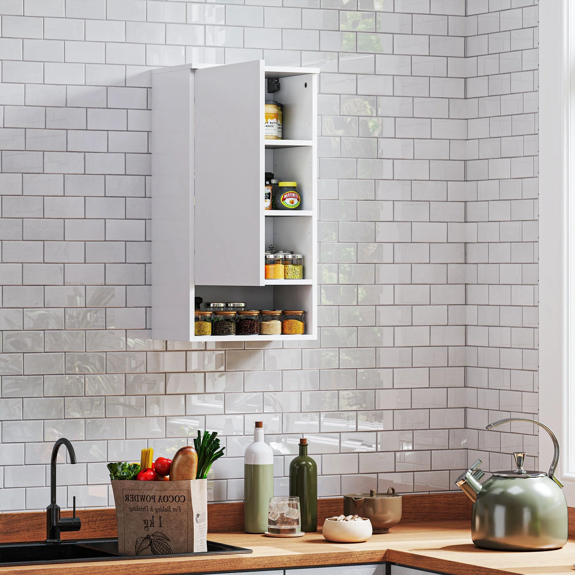 Wall Cabinet with Doors, Adjustable Shelves, Open Compartment, Wall Mounted, White - Image 7