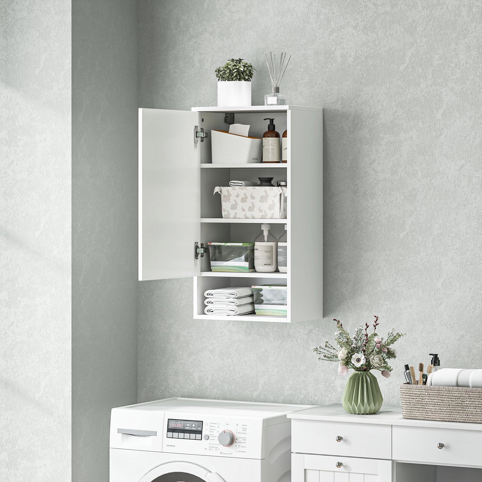 Wall Cabinet with Doors, Adjustable Shelves, Open Compartment, Wall Mounted, White - Image 8