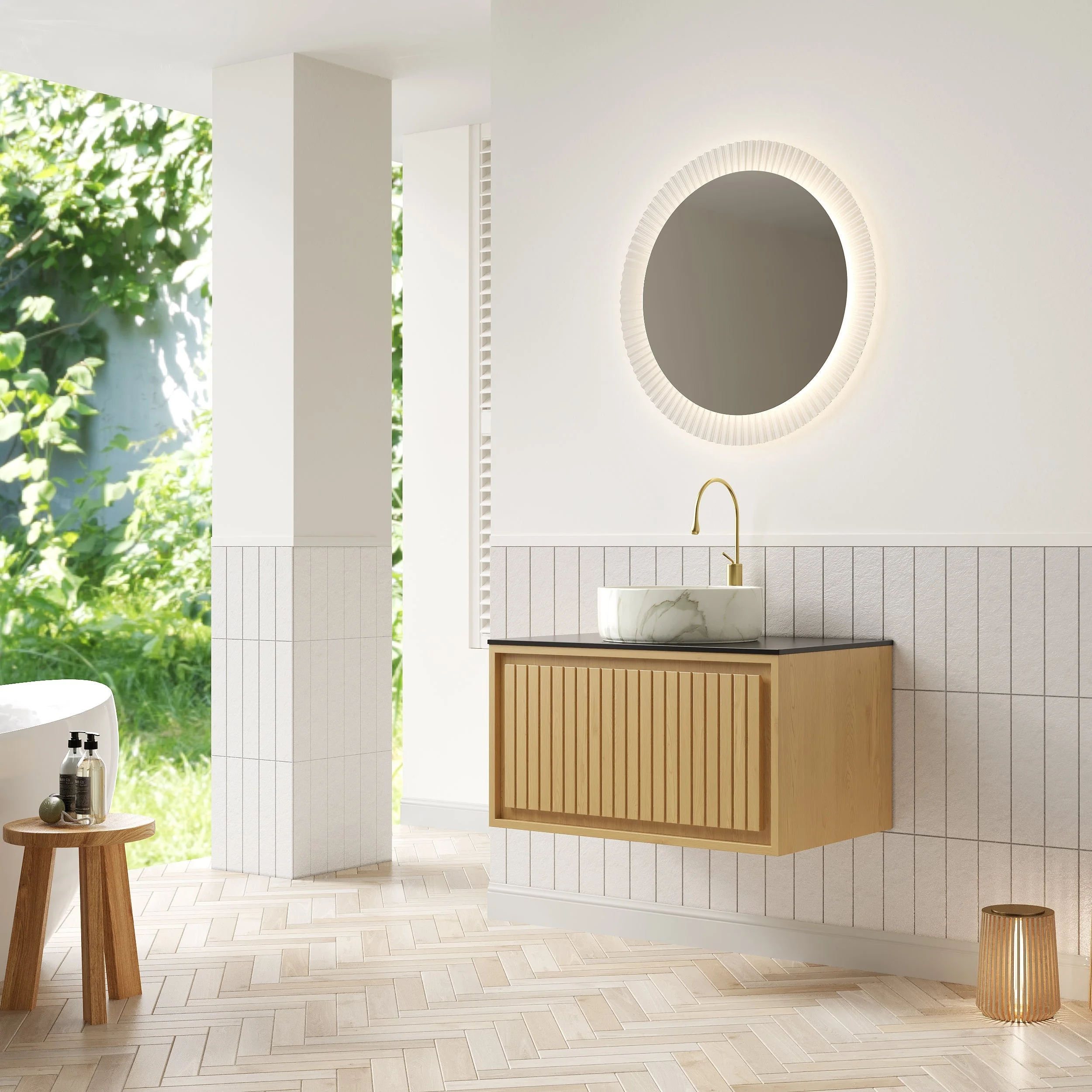 Wall-Hung Bathroom Sink with Sintered Stone Countertop and Ceramic Basin, Corolla Oak Wood Grain - Image 5