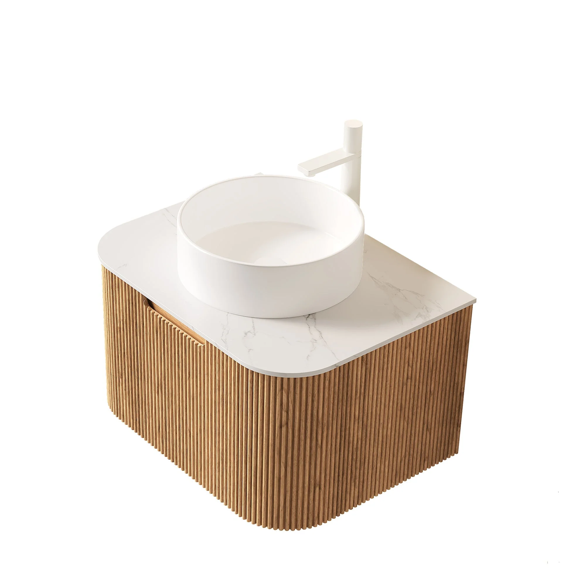 Wall-Hung Bathroom Vanity 61cm Ceramic Sink Carrara Countertop Drawer - Natural Wood Grain - Image 5