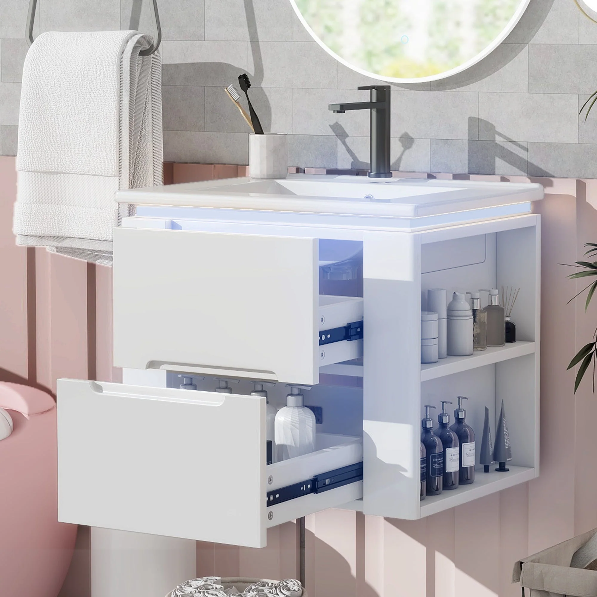 Wall-Mounted Bathroom Cabinet with LED Sensor Lighting and Integrated Sink, White - Image 4