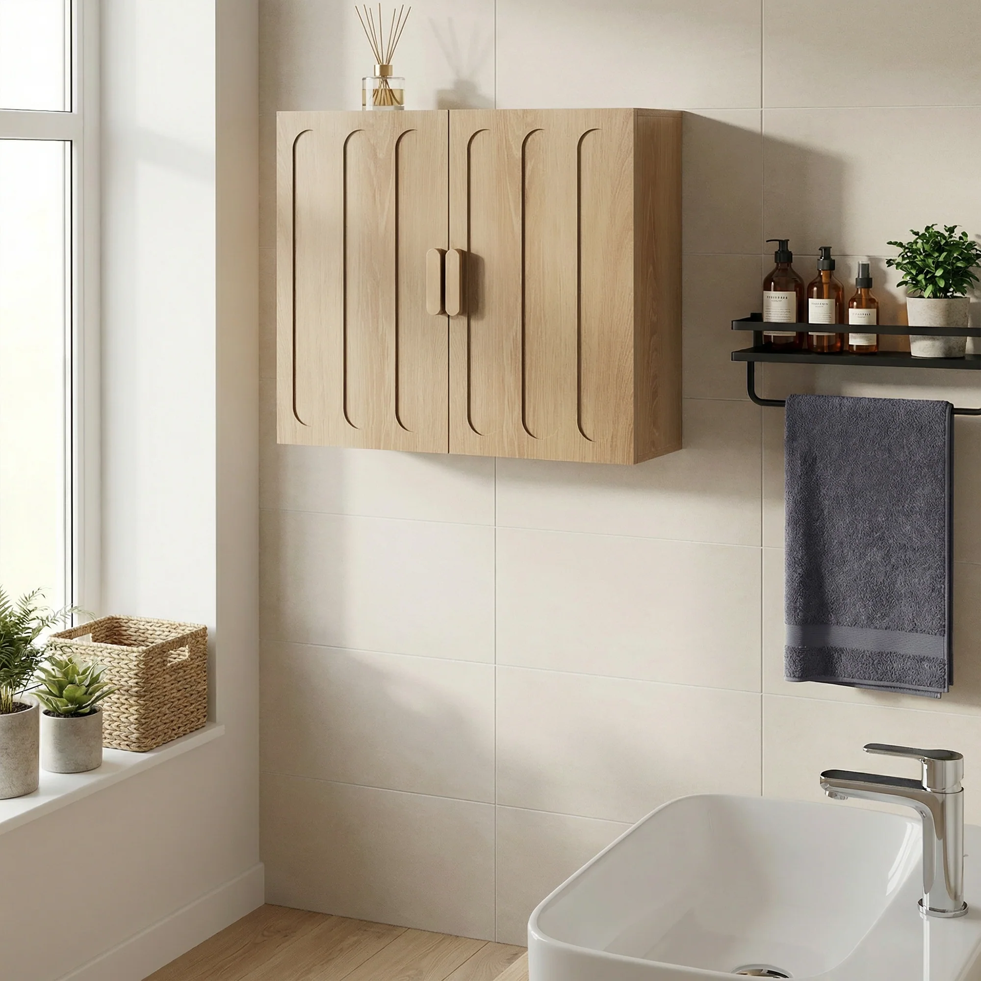 Wall-Mounted Bathroom Medicine Cabinet with Adjustable Shelves for Laundry and Kitchen, Oak Color - Image 4