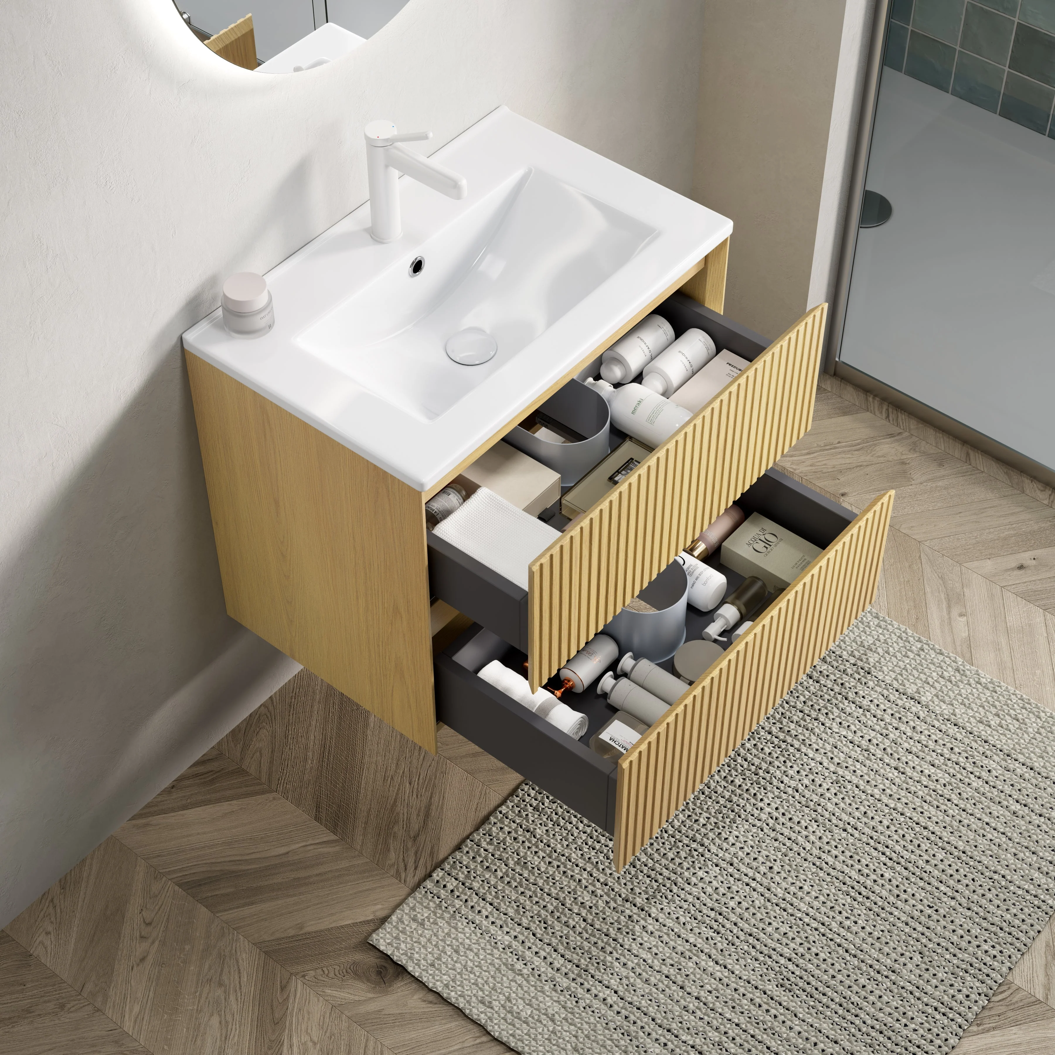 Wall-mounted Bathroom Vanity Unit with Ceramic Sink and 2 Drawers, Collora Wood Grain - Image 5
