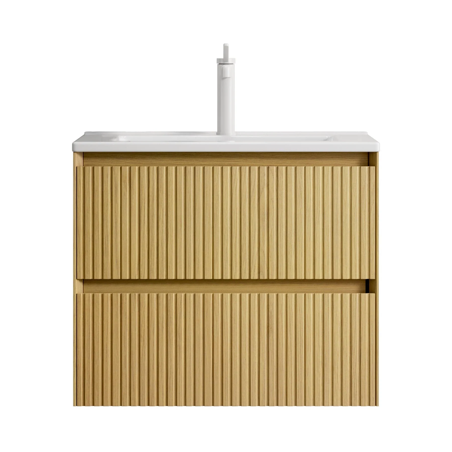 Wall-mounted Bathroom Vanity Unit with Ceramic Sink and 2 Drawers, Collora Wood Grain - Image 7