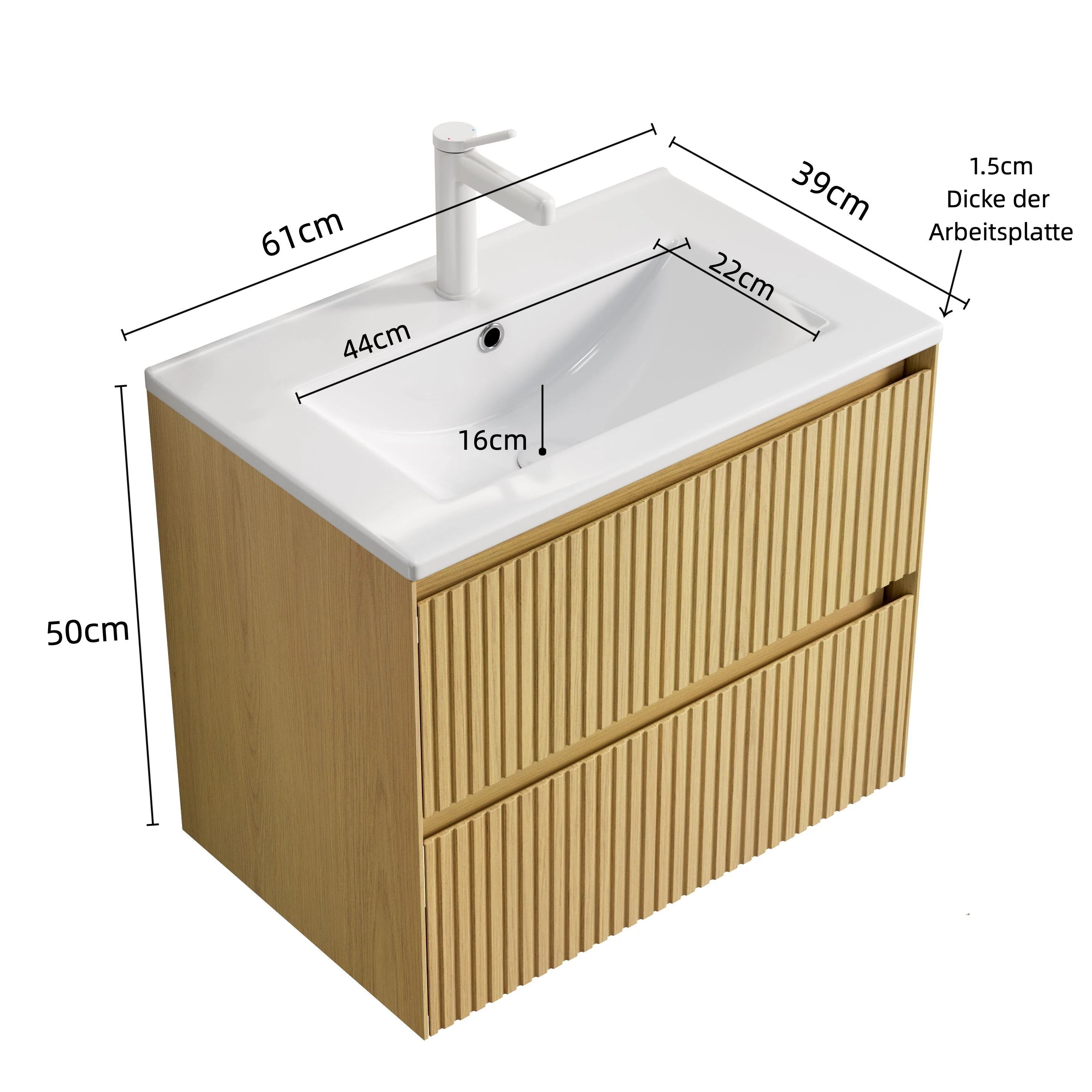 Wall-mounted Bathroom Vanity Unit with Ceramic Sink and 2 Drawers, Collora Wood Grain - Image 9