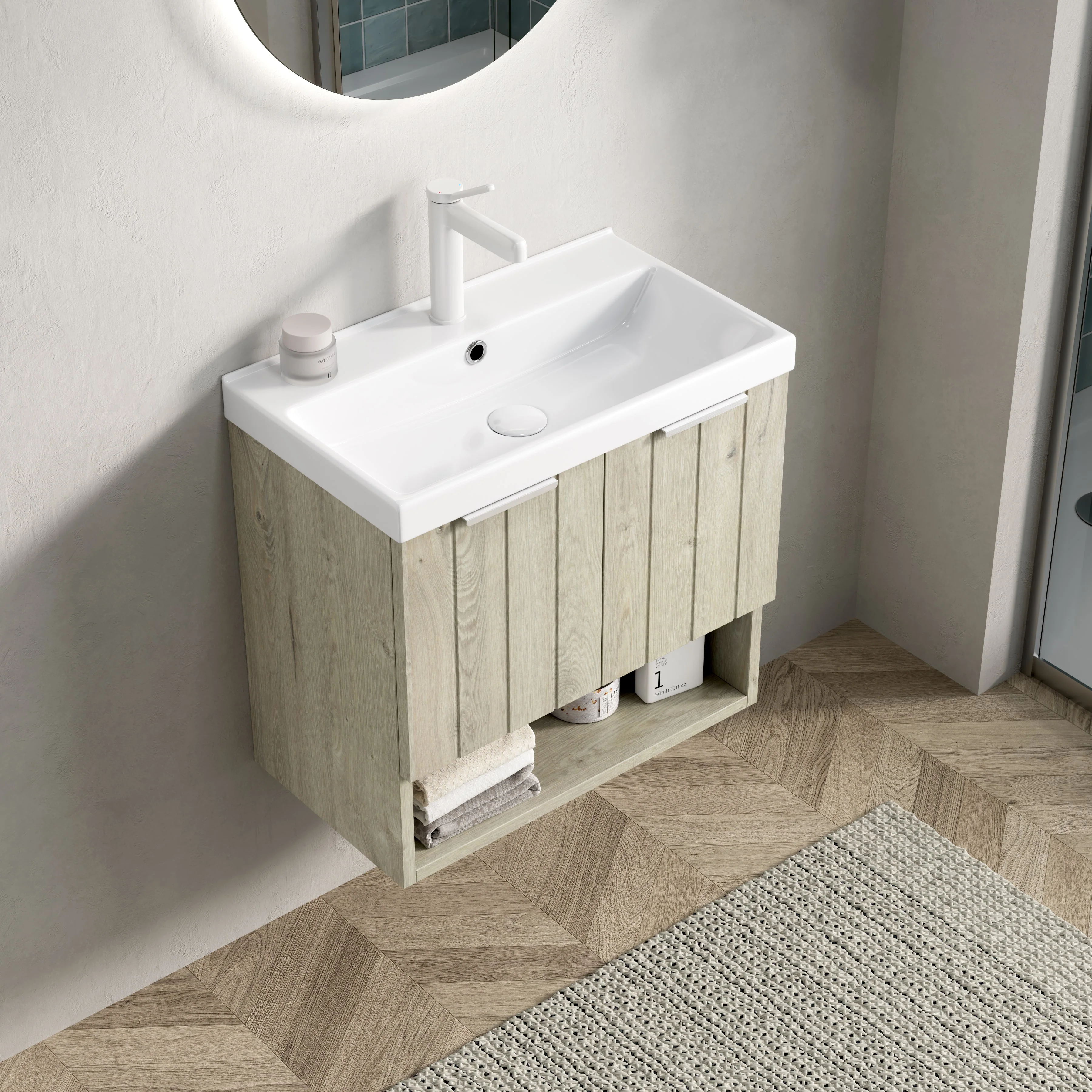 Wall-mounted Bathroom Vanity Unit with Ceramic Sink and Open Shelf, 55cm, Oak Cream - Image 3