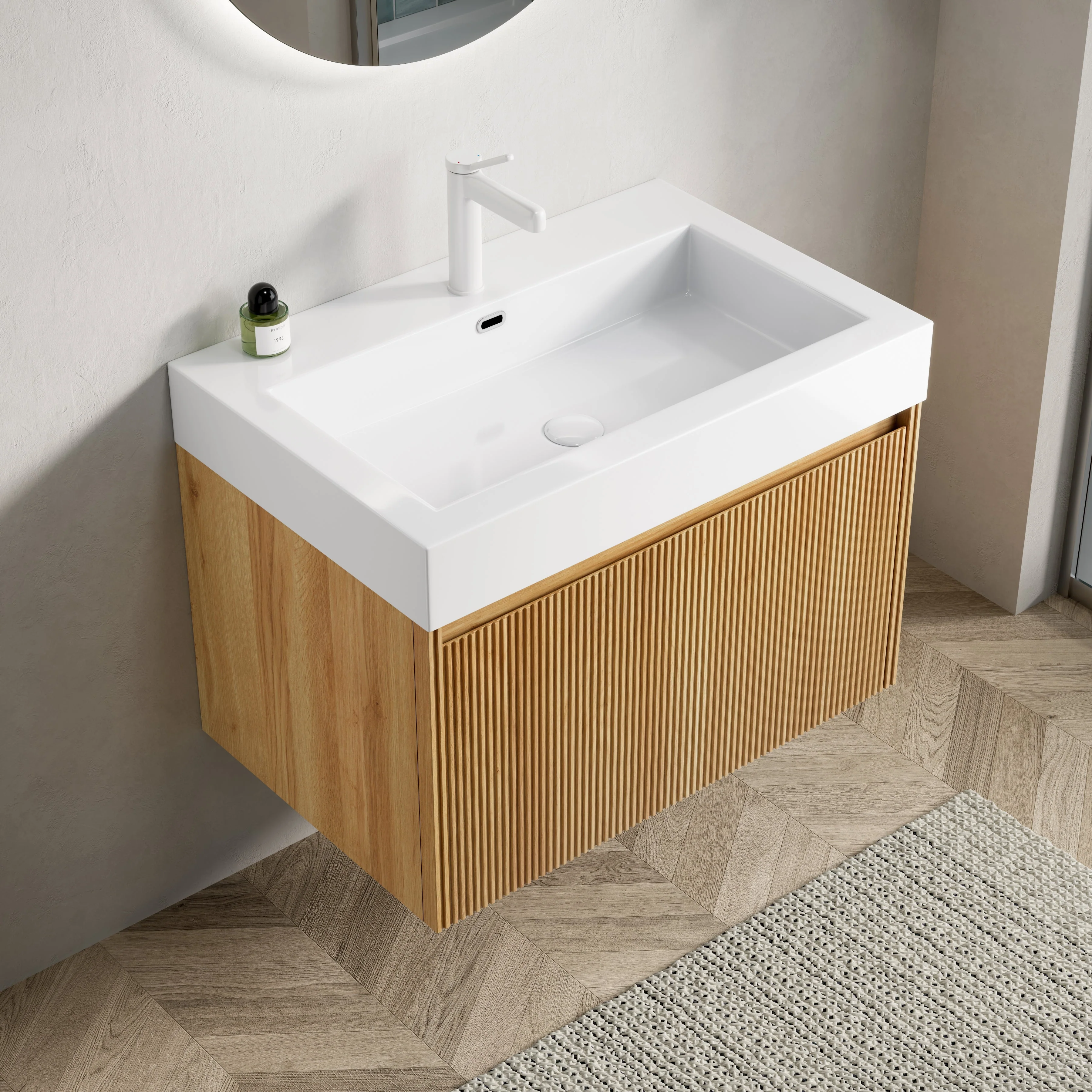 Wall-Mounted Bathroom Vanity Unit with Integrated Basin and Single Drawer, Natural Wood Grain Plywood - Image 3