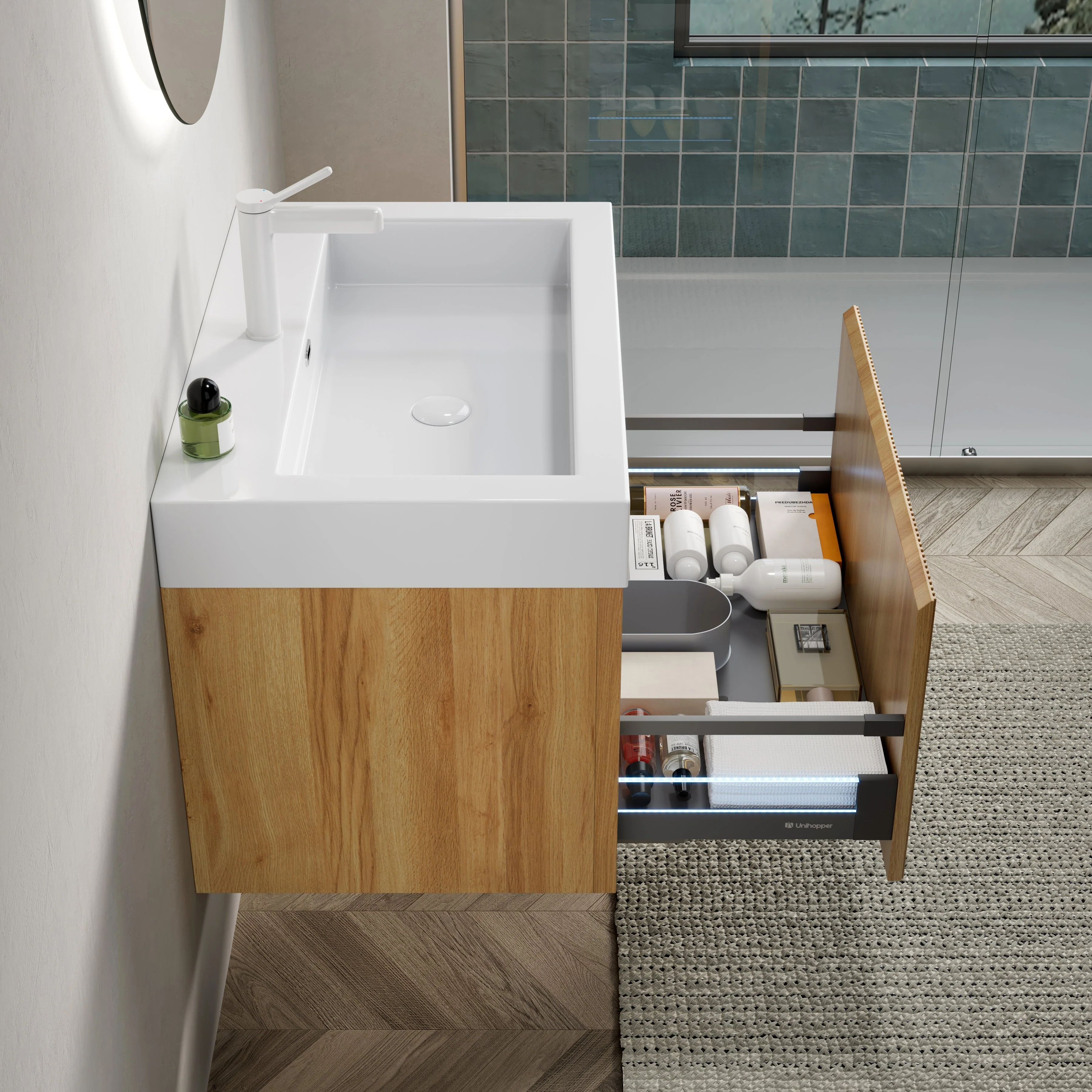Wall-Mounted Bathroom Vanity Unit with Integrated Basin and Single Drawer, Natural Wood Grain Plywood - Image 4