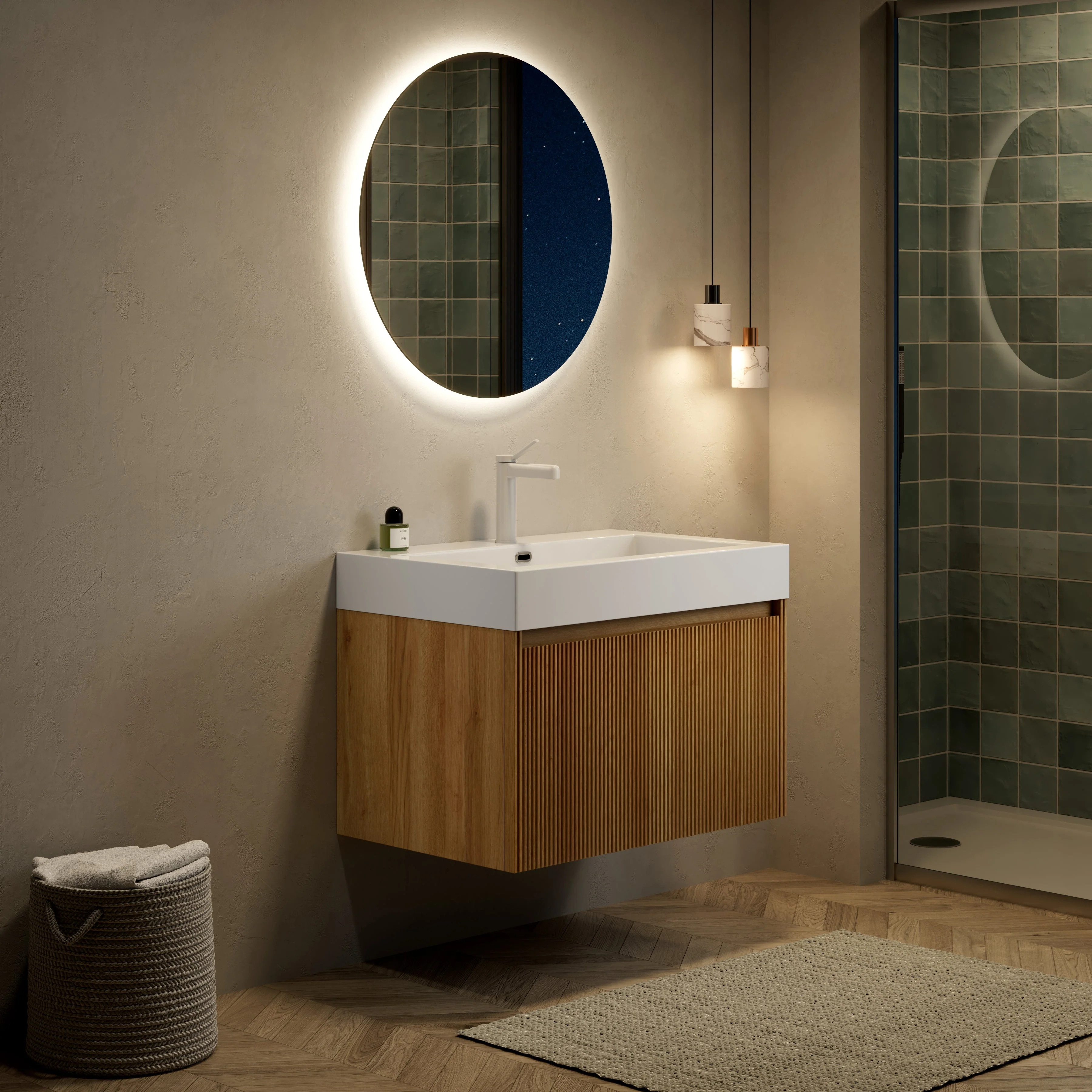 Wall-Mounted Bathroom Vanity Unit with Integrated Basin and Single Drawer, Natural Wood Grain Plywood - Image 7