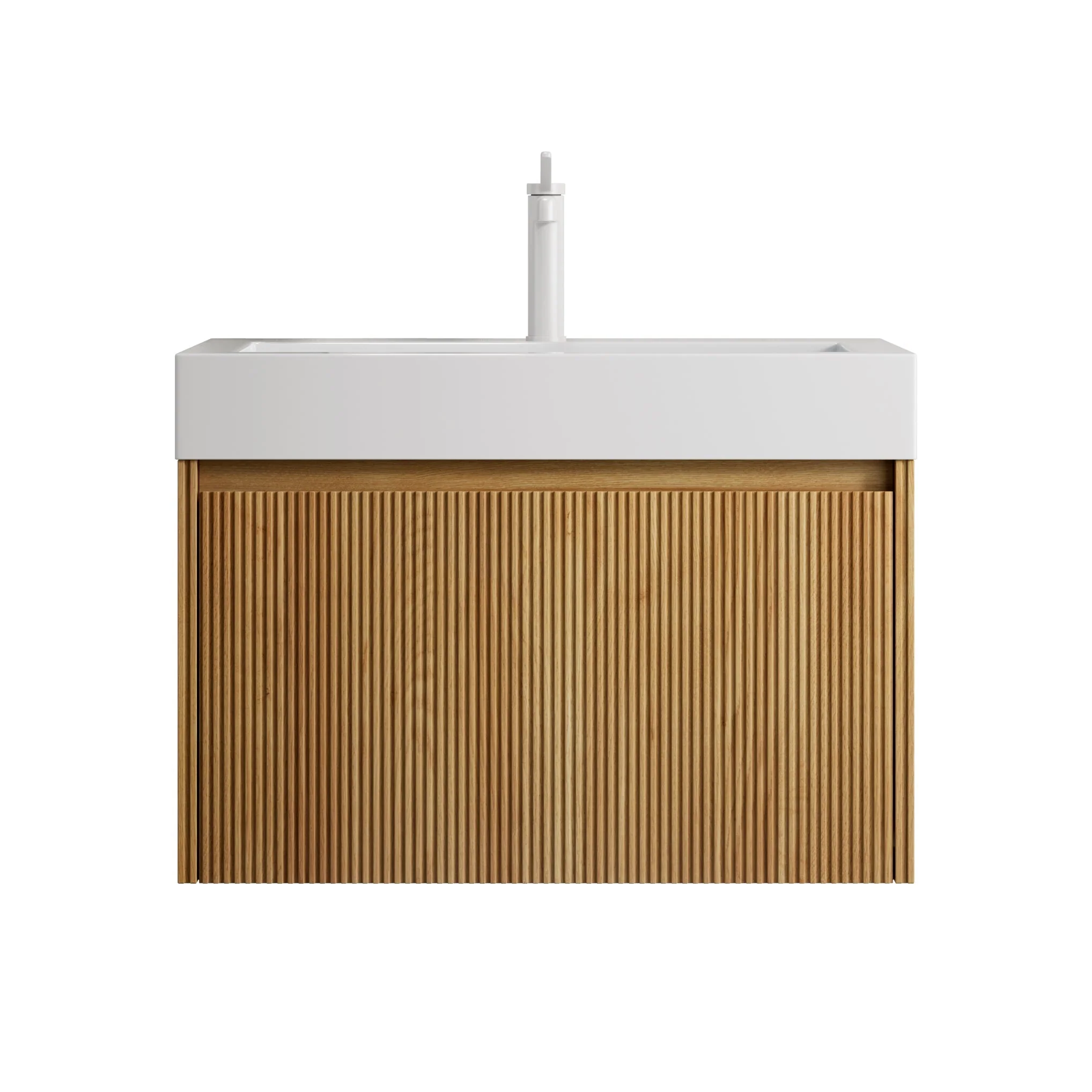 Wall-Mounted Bathroom Vanity Unit with Integrated Basin and Single Drawer, Natural Wood Grain Plywood - Image 9