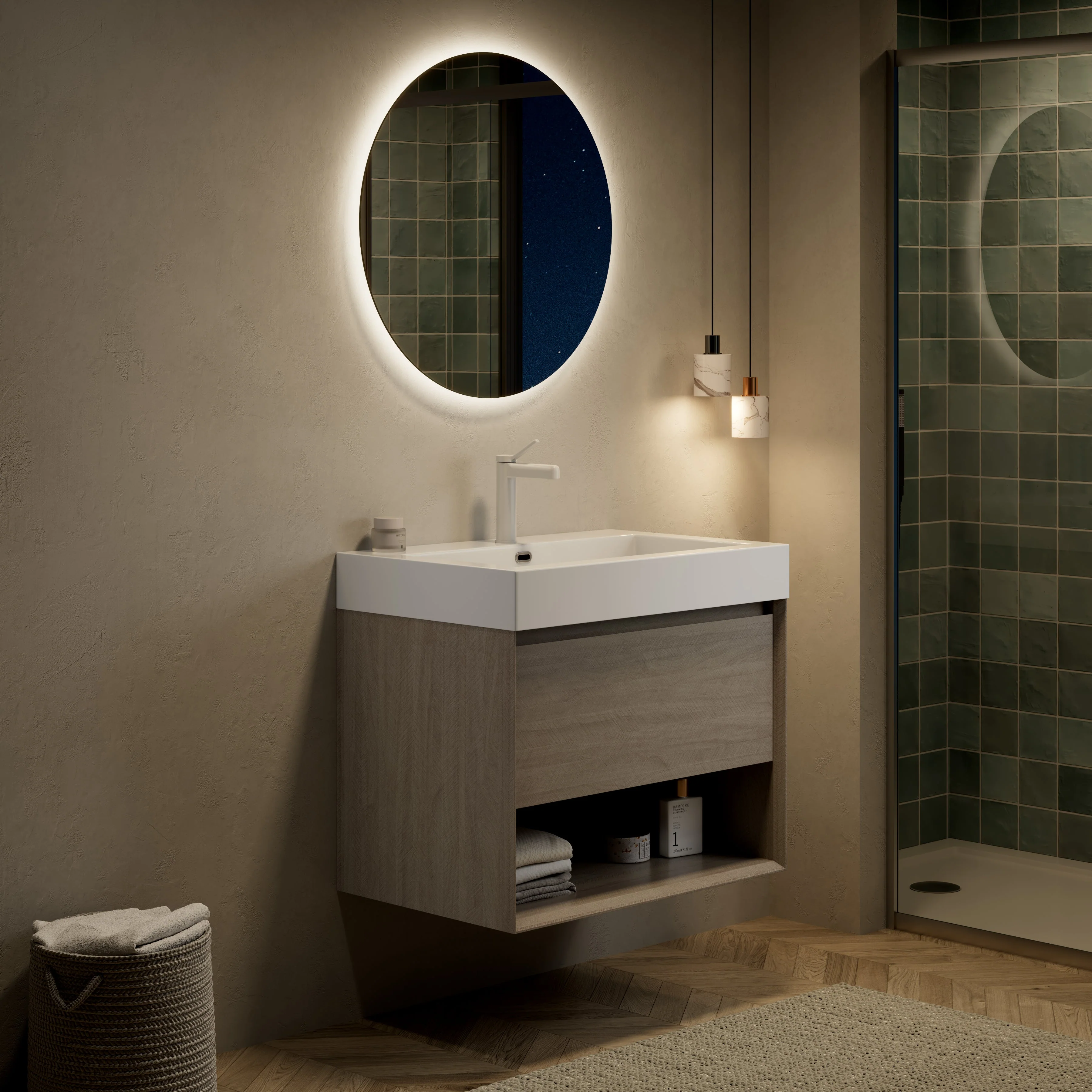 Wall-Mounted Bathroom Vanity Unit with Integrated Resin Basin, Drawer and Shelf, Light Oak Wood Grain - Image 7