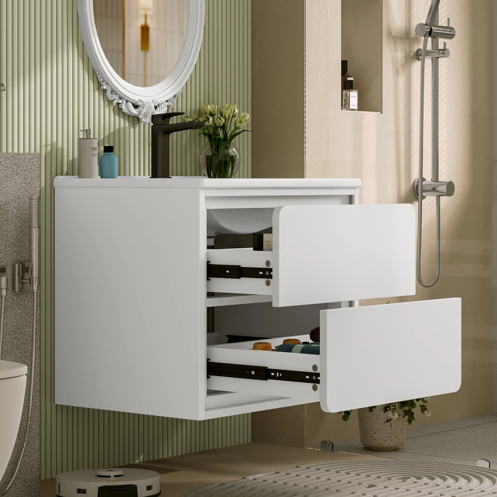 Wall-Mounted Bathroom Vanity Unit with Integrated Sink and LED Radar Sensor Lighting, White - Image 3