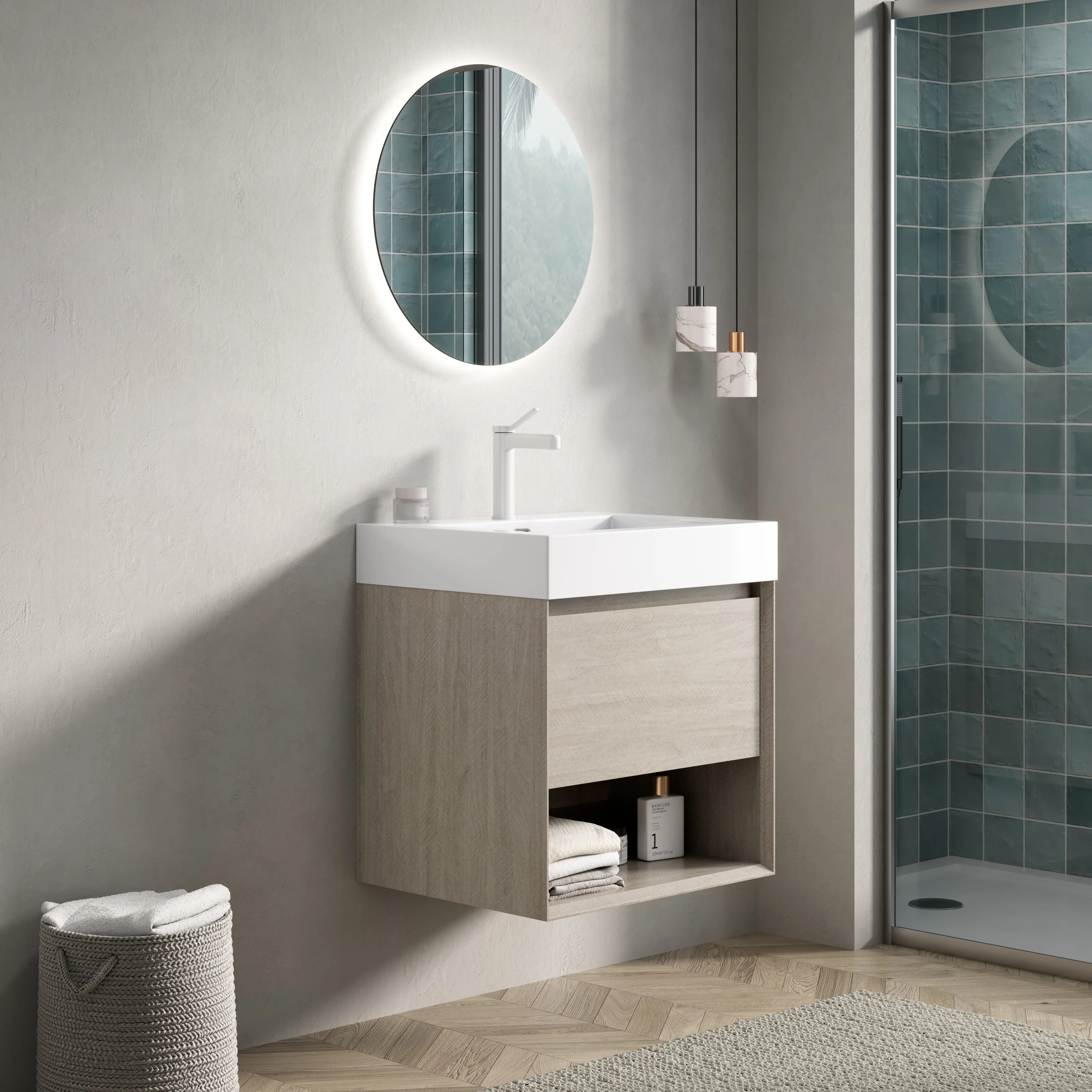 Wall-Mounted Bathroom Vanity Unit with Resin Basin and Storage, Light Oak Wood Grain Plywood - Image 2