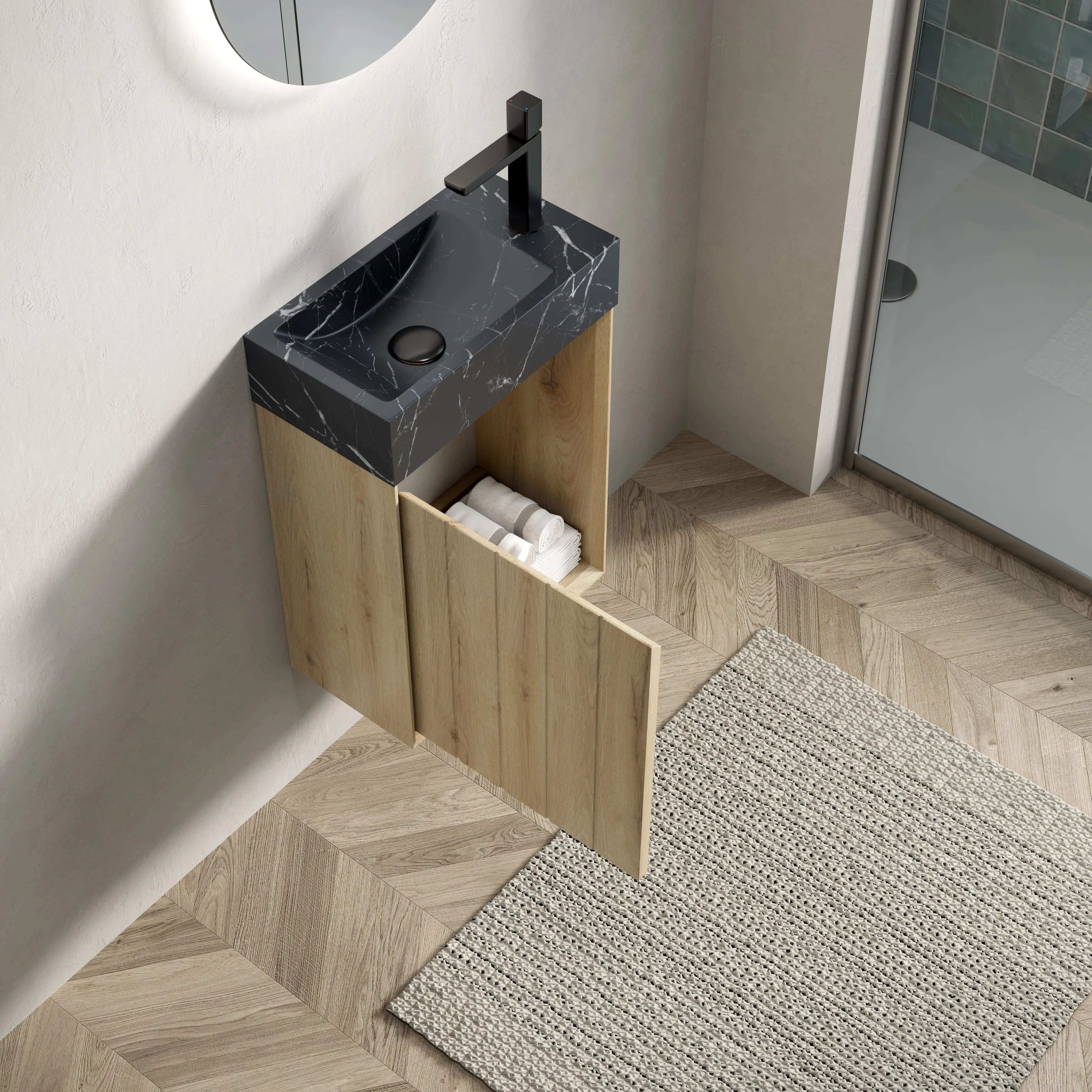 Wall-Mounted Bathroom Vanity Unit with Undermount Sink and Striped Cabinet, White Oak Wood Grain - Image 3