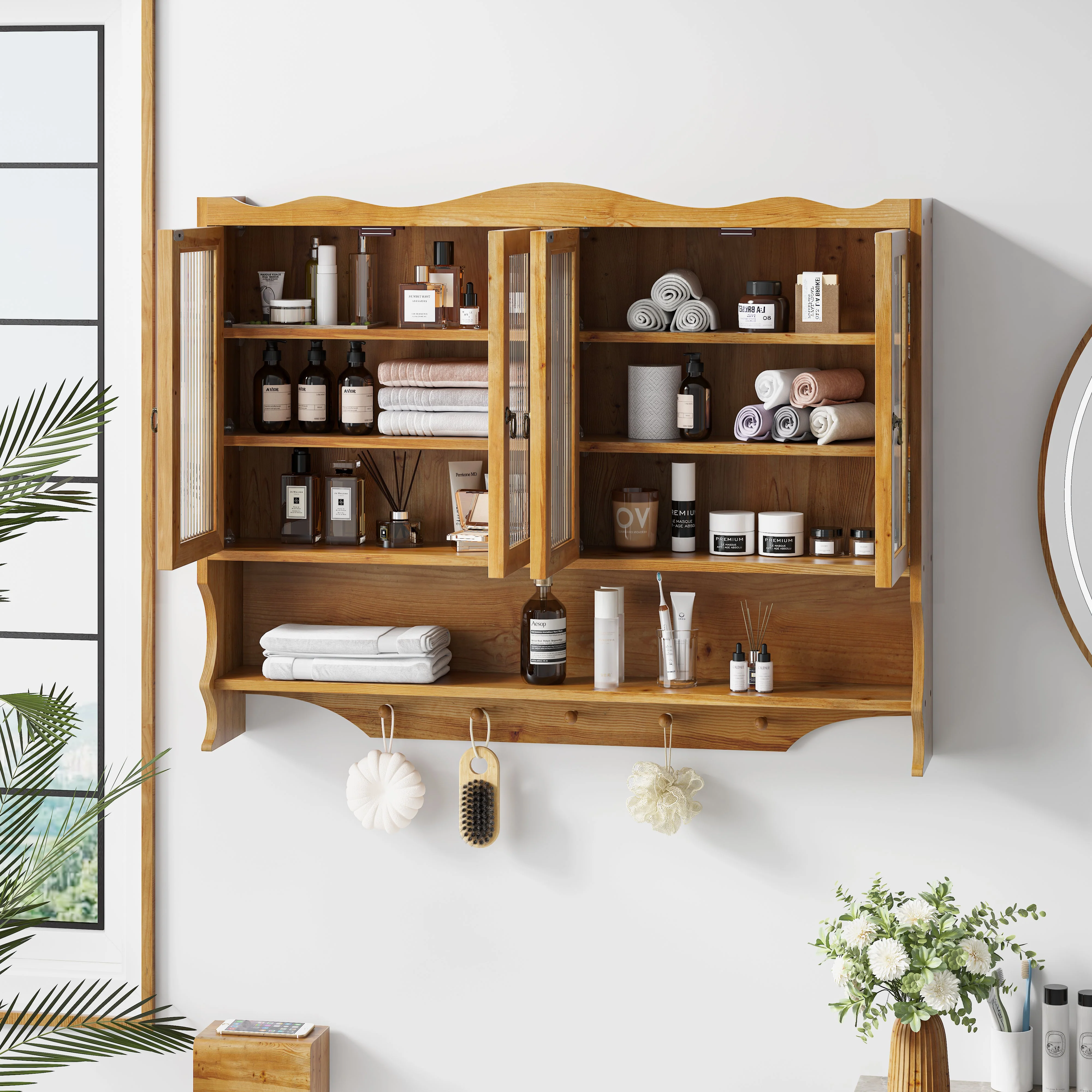 Wall-mounted Cabinet 100CM Retro 4 Door Storage Hook Rack, Natural - Image 3