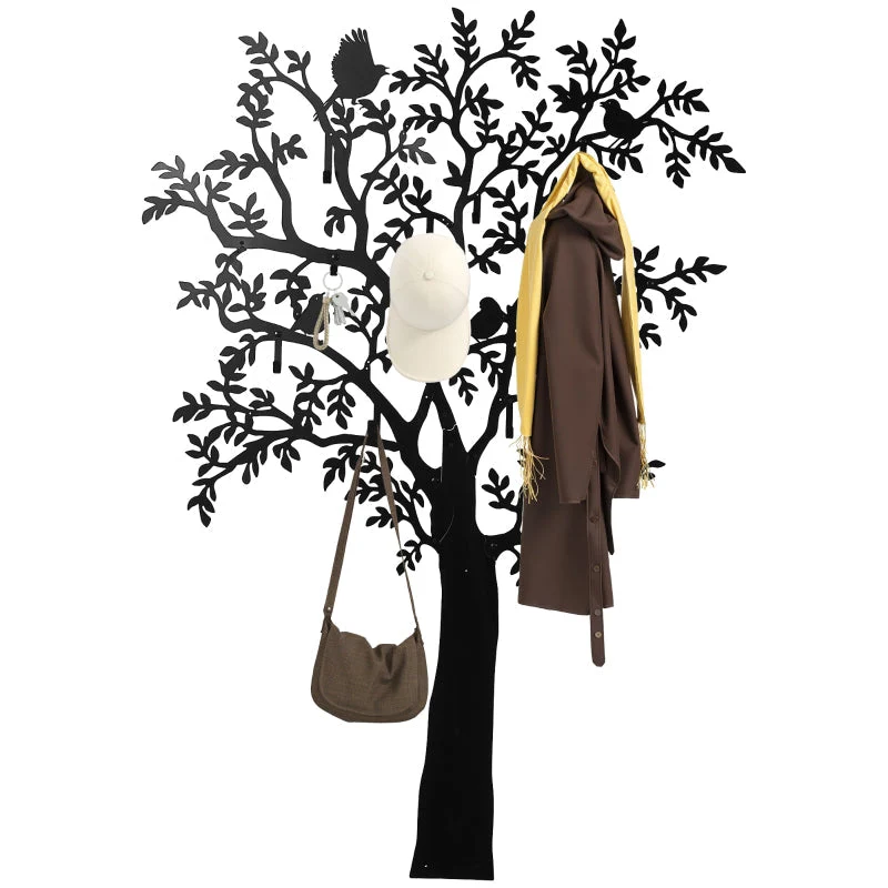 Wall-mounted Coat Rack Tree Design with Birds, Black - Image 8