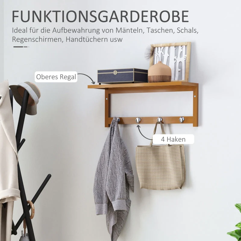 Wall-Mounted Coat Rack with Hooks 50cm - Natural Wood - Image 4
