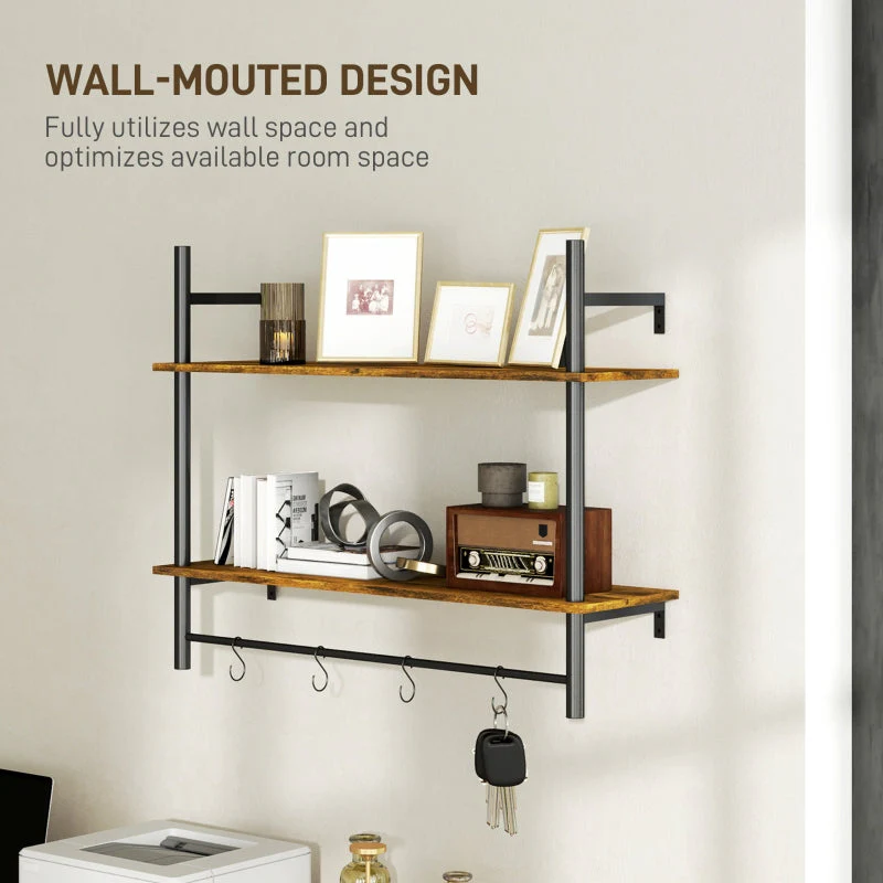 Wall Mounted Floating Shelves with 4 Hooks, Rustic Brown - Image 5