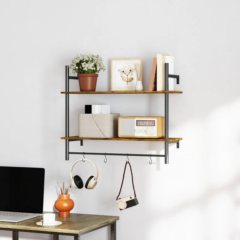 Wall Mounted Floating Shelves with 4 Hooks, Rustic Brown - Image 6