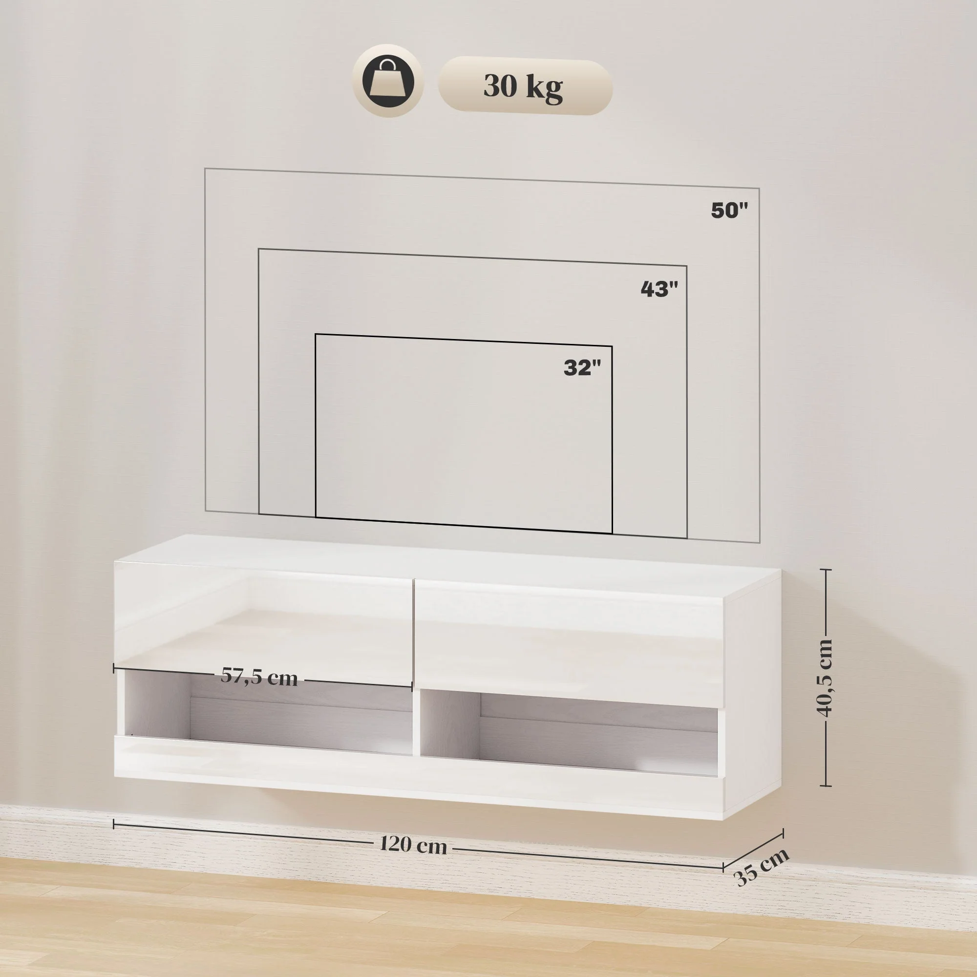 Wall-Mounted TV Cabinet, LED Lighting, Open Shelves, High-Gloss White - Image 3