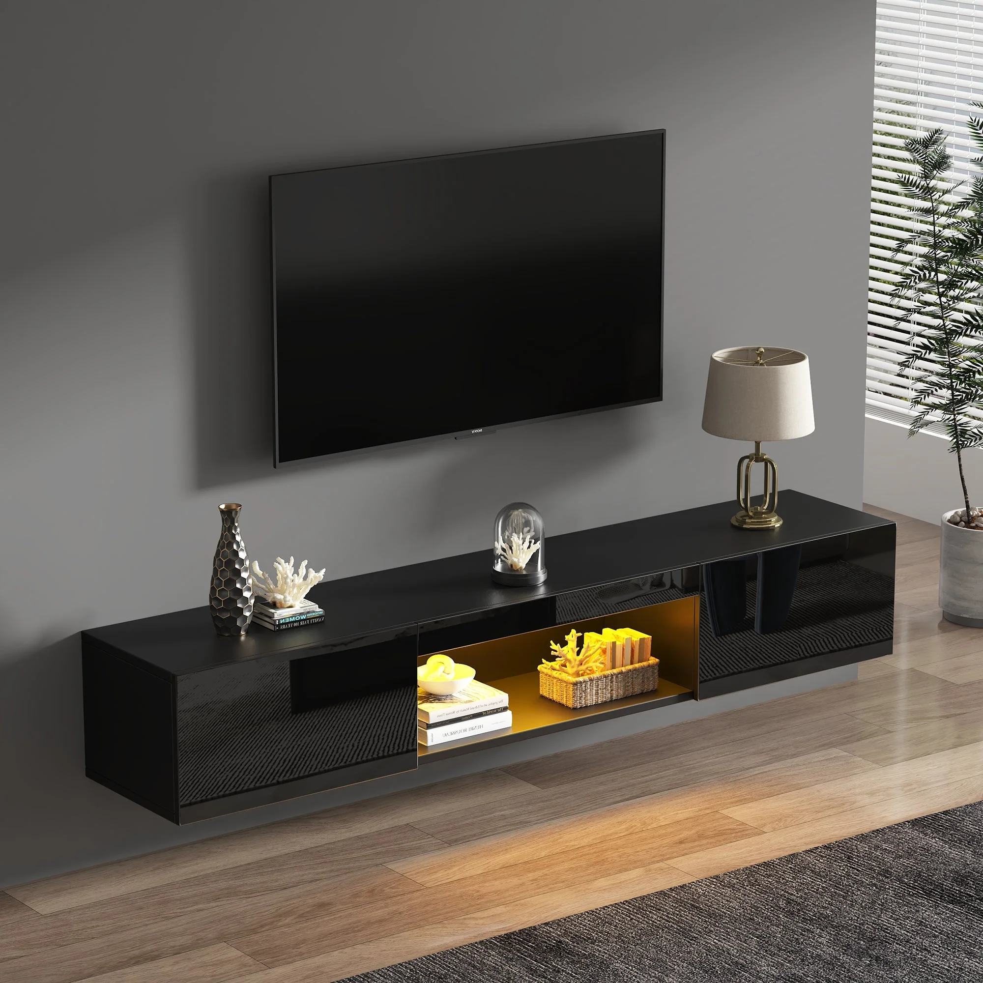 Wall-Mounted TV Stand with LED Lighting and High Gloss Finish for 70-Inch TVs, Black - Image 2