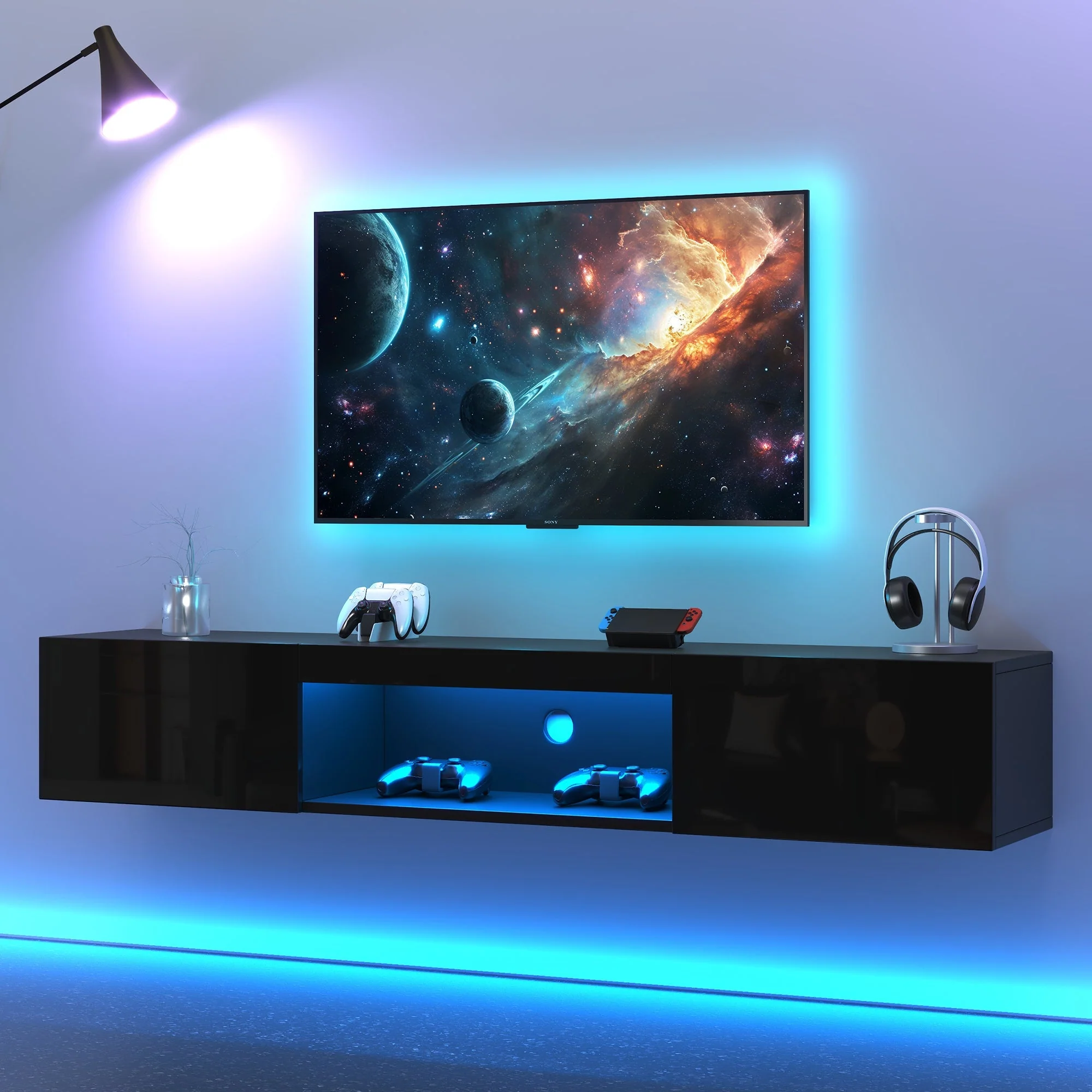 Wall-Mounted TV Stand with LED Lighting and High Gloss Finish for 70-Inch TVs, Black - Image 6