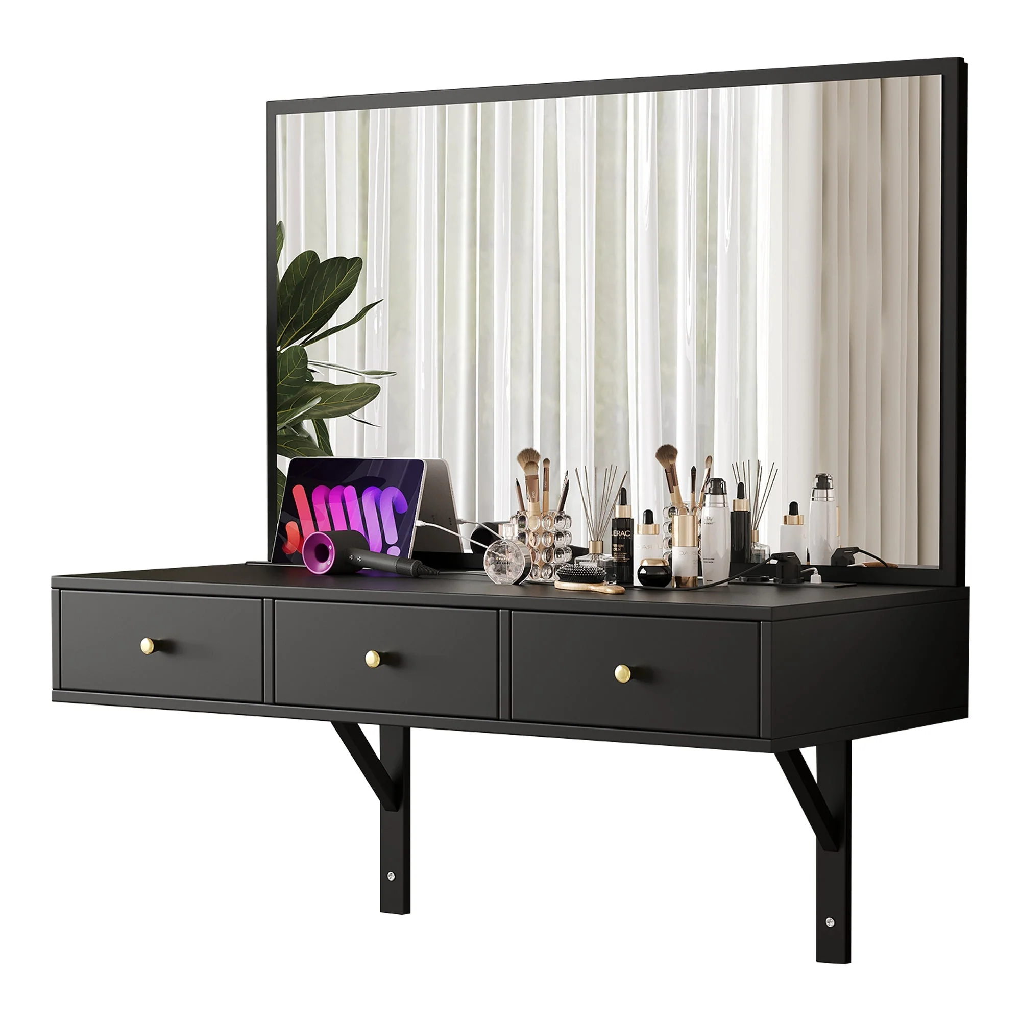 Wall-Mounted Vanity Table with Mirror, 3 Drawers, Power Outlets, Tablet/Card Slot, Drink Holder, Black - Image 9