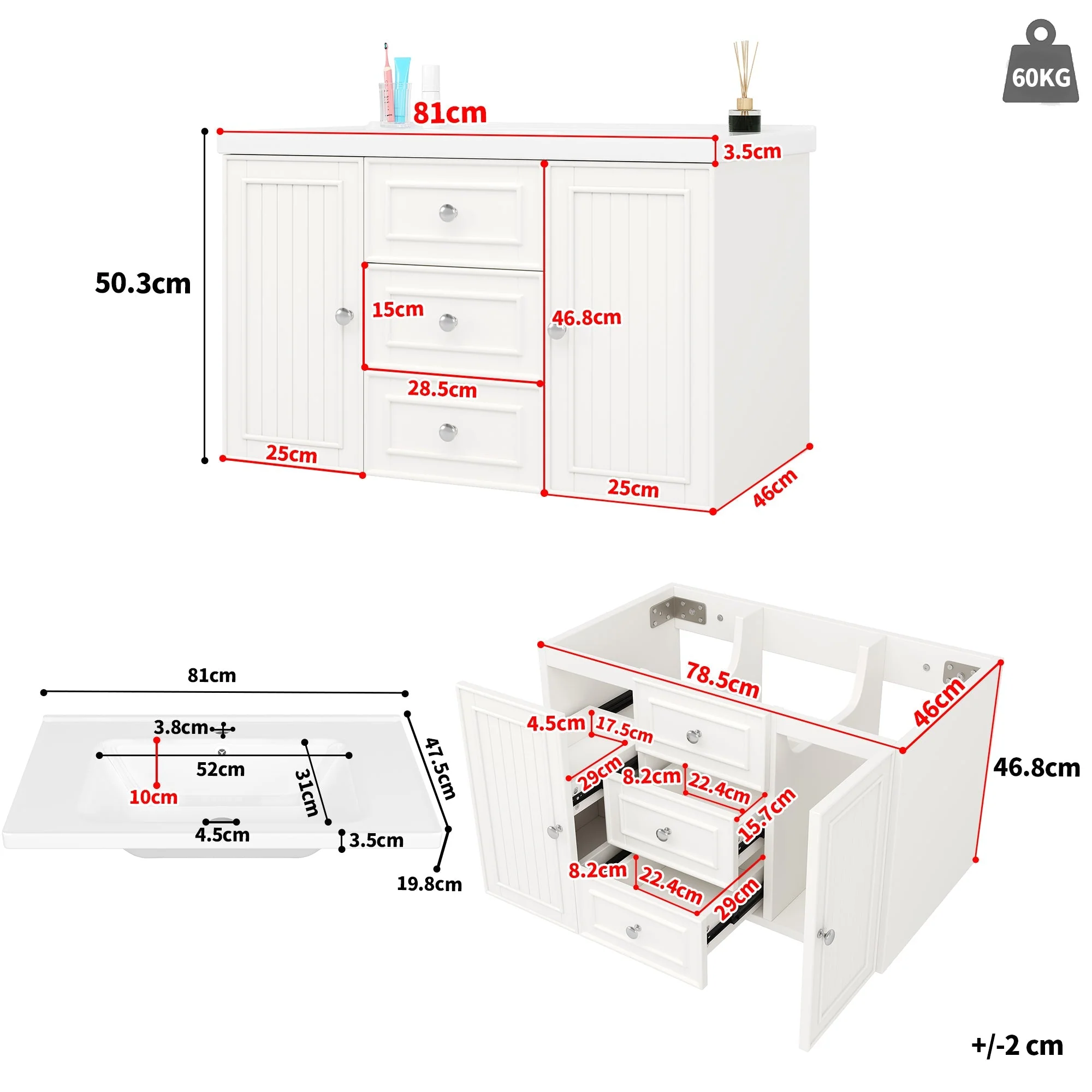 Wall-Mounted Vanity Unit 78.5cm With Sink 3 Drawers - White - Image 4
