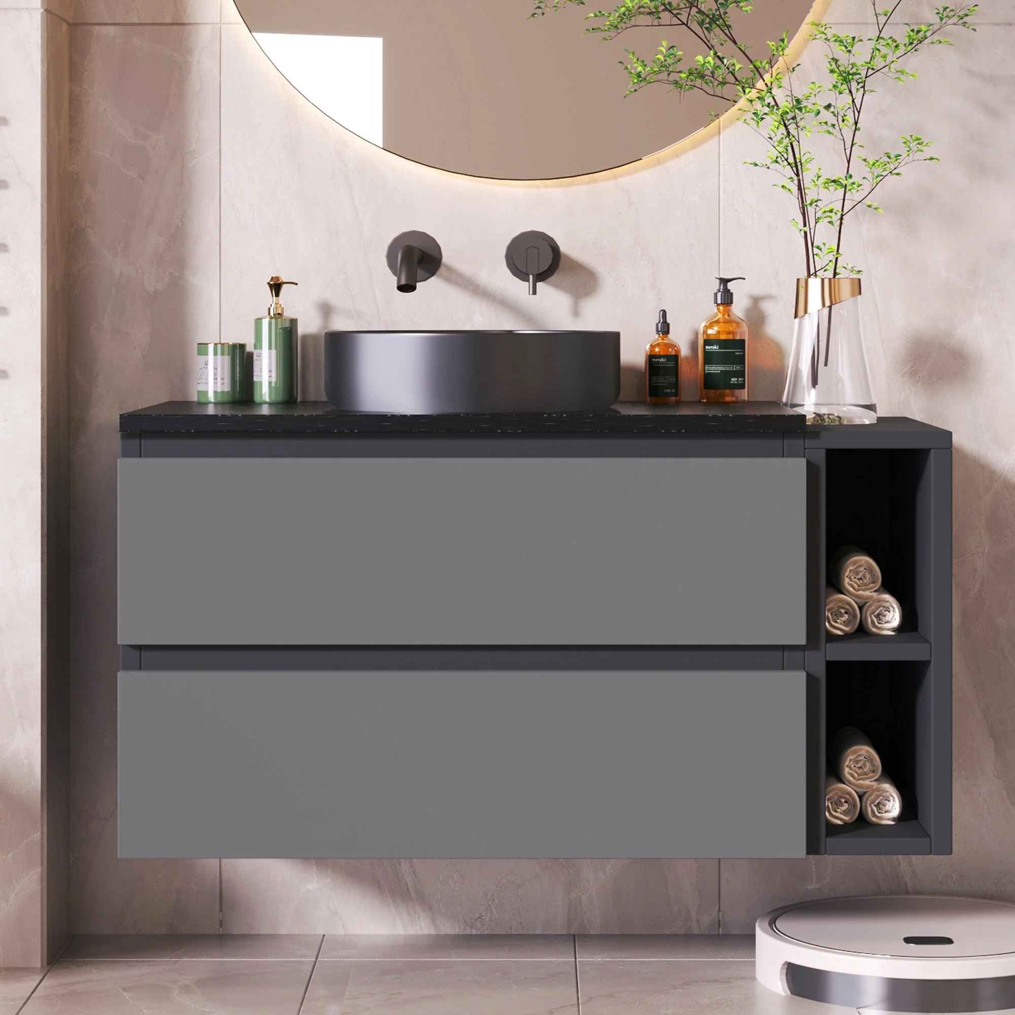 Wall-Mounted Vanity Unit 80cm Wide Ceramic Sink Drawers, Black/Grey - Image 8